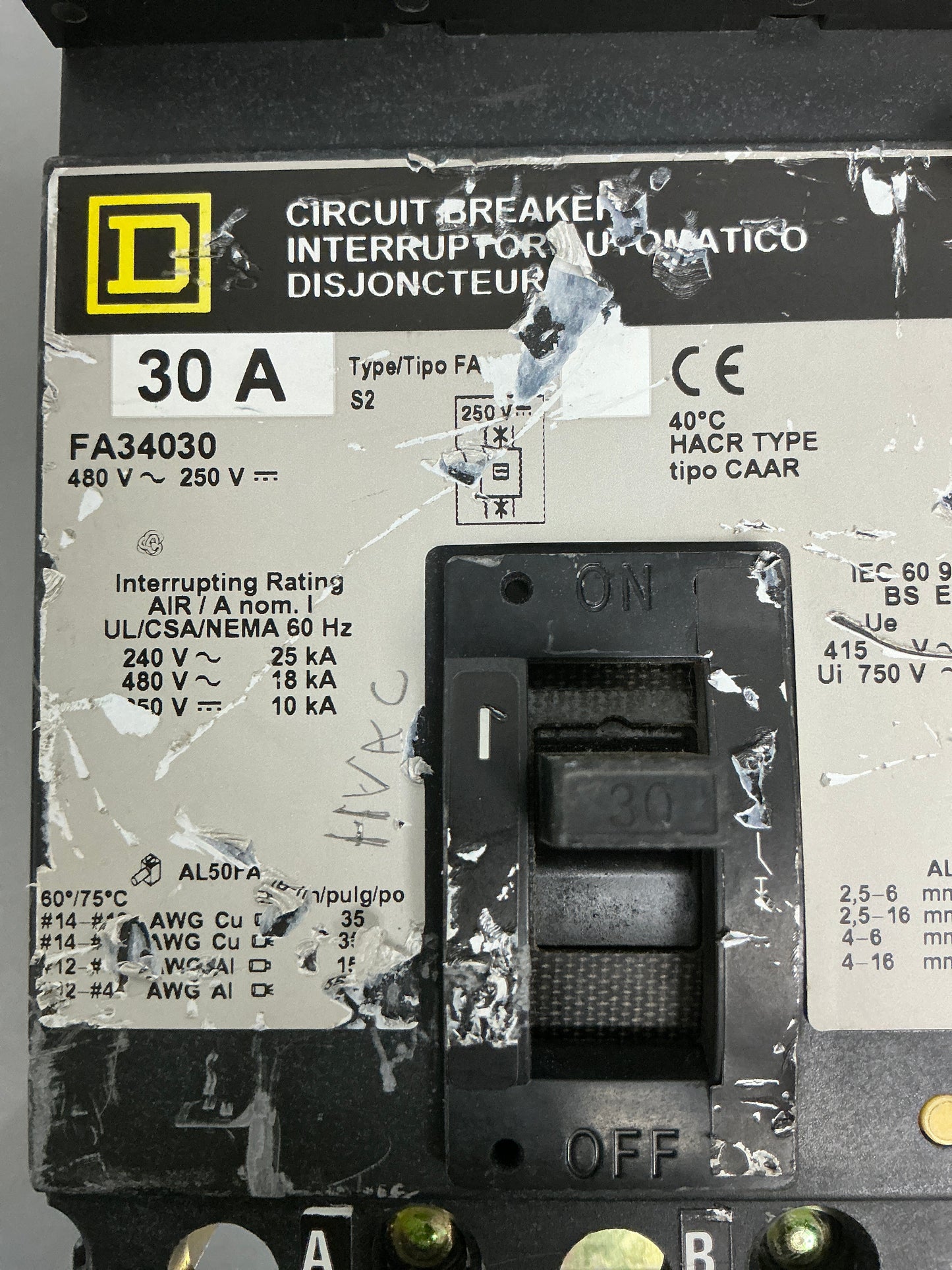 *CHIPPED* Used Square D FA34030 3 Pole, 480 Volts, 30 Amps