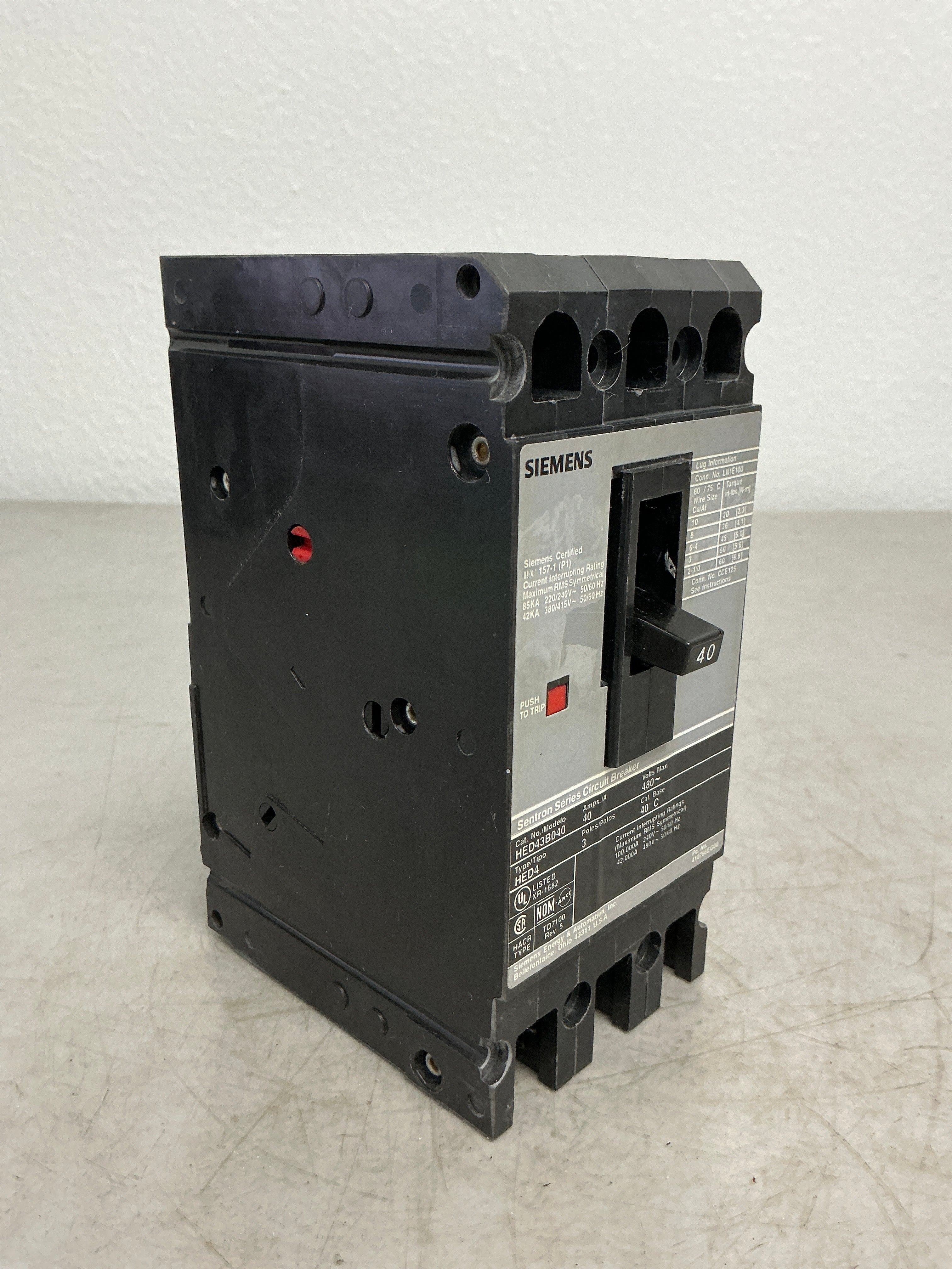 Used Siemens HED43B040 3 Pole, 40 Amps, 480 Volts Circuit Breaker