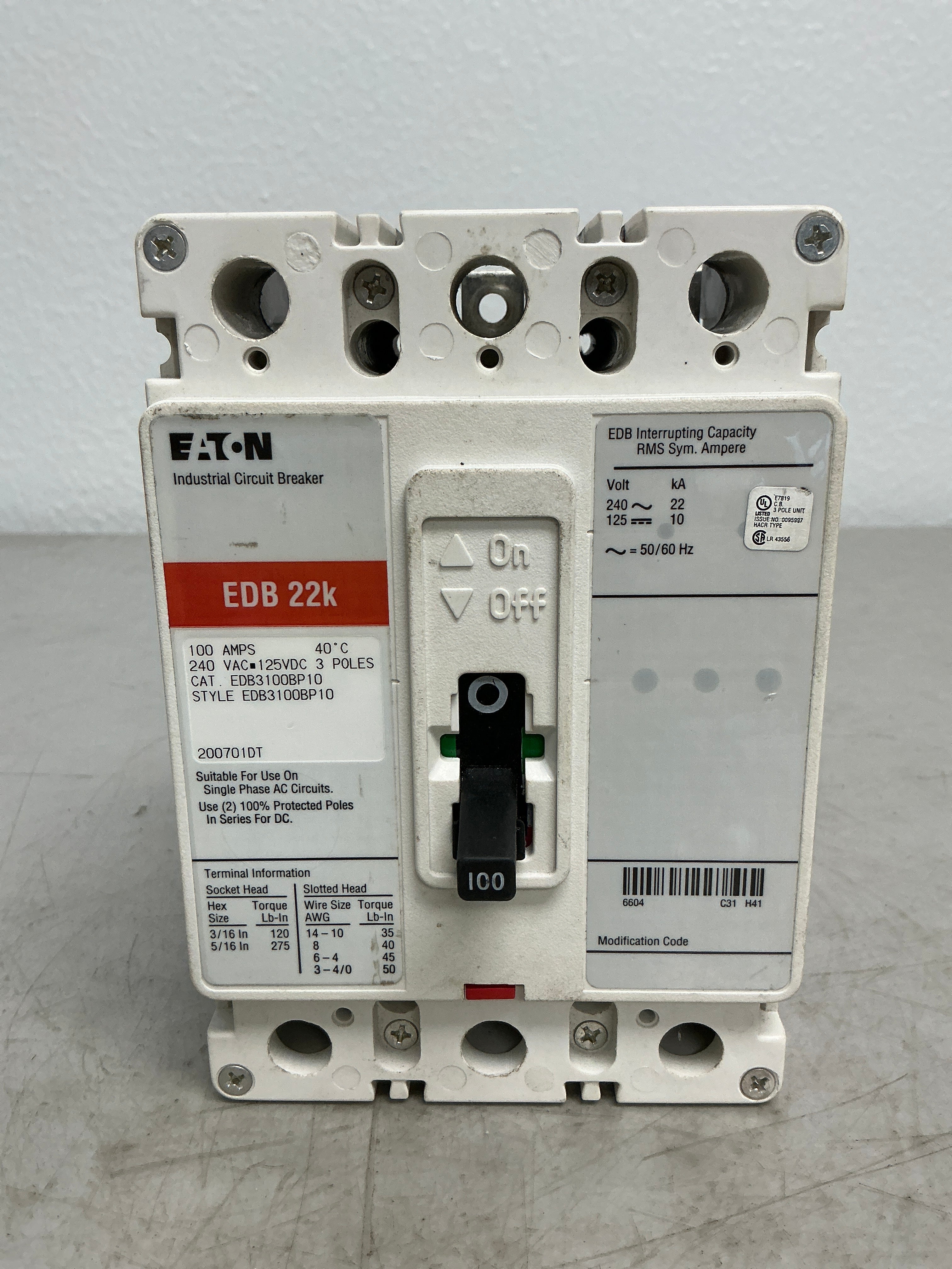 Used Eaton EDB3100BP10 3 Pole, 100 Amps, 240 Volts Circuit Breaker