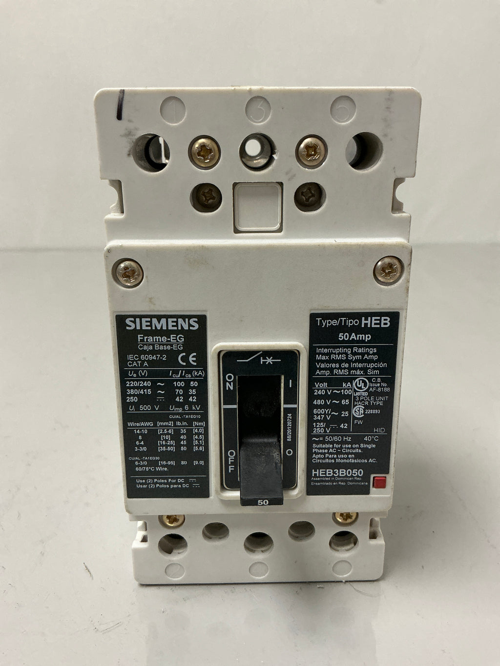 Used Siemens HEB3B050 3 Pole, 50 Amps,  240 Volts Circuit Breaker