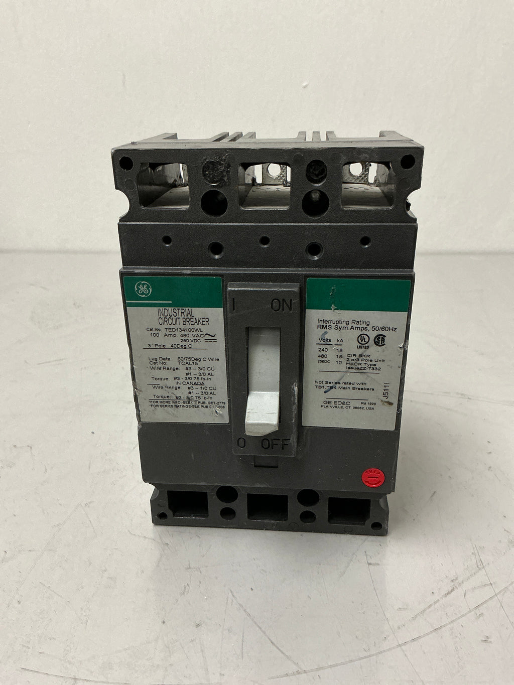 *CHIPPED* Used GE TED134100WL 3Pole, 100Amp, 480 Volts Circuit Breaker
