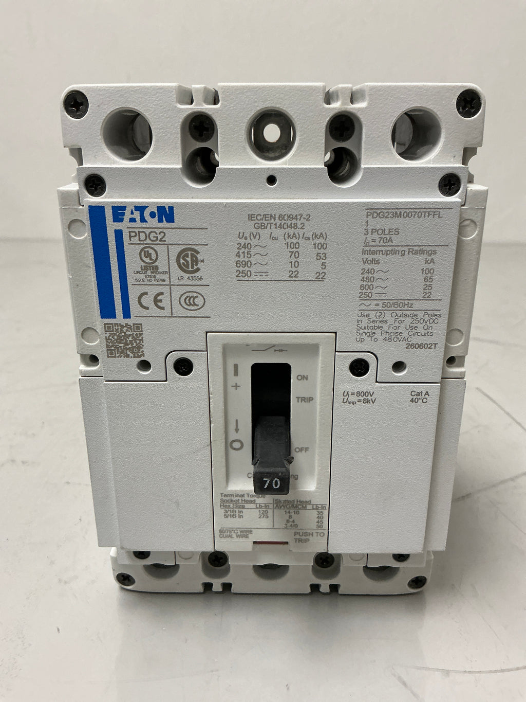 New Eaton PDG23M0070TFFL 3 Pole, 70 Amps, 480 Volts Circuit Breaker