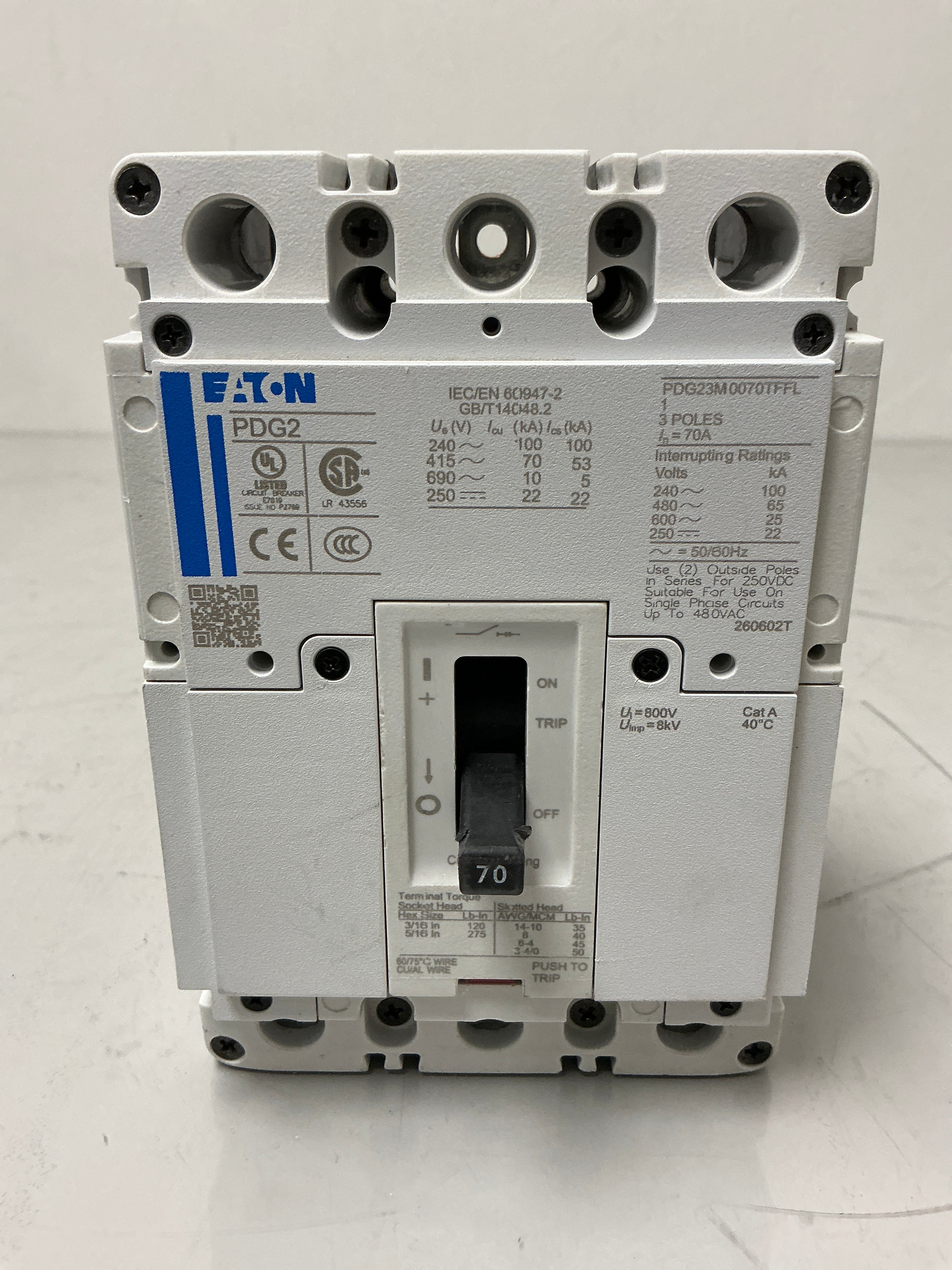 New Eaton PDG23M0070TFFL 3 Pole, 70 Amps, 480 Volts Circuit Breaker