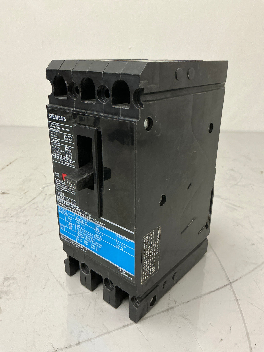 Used Siemens ED43B100 3 Pole, 100 Amps, 480 Volts Circuit Breaker