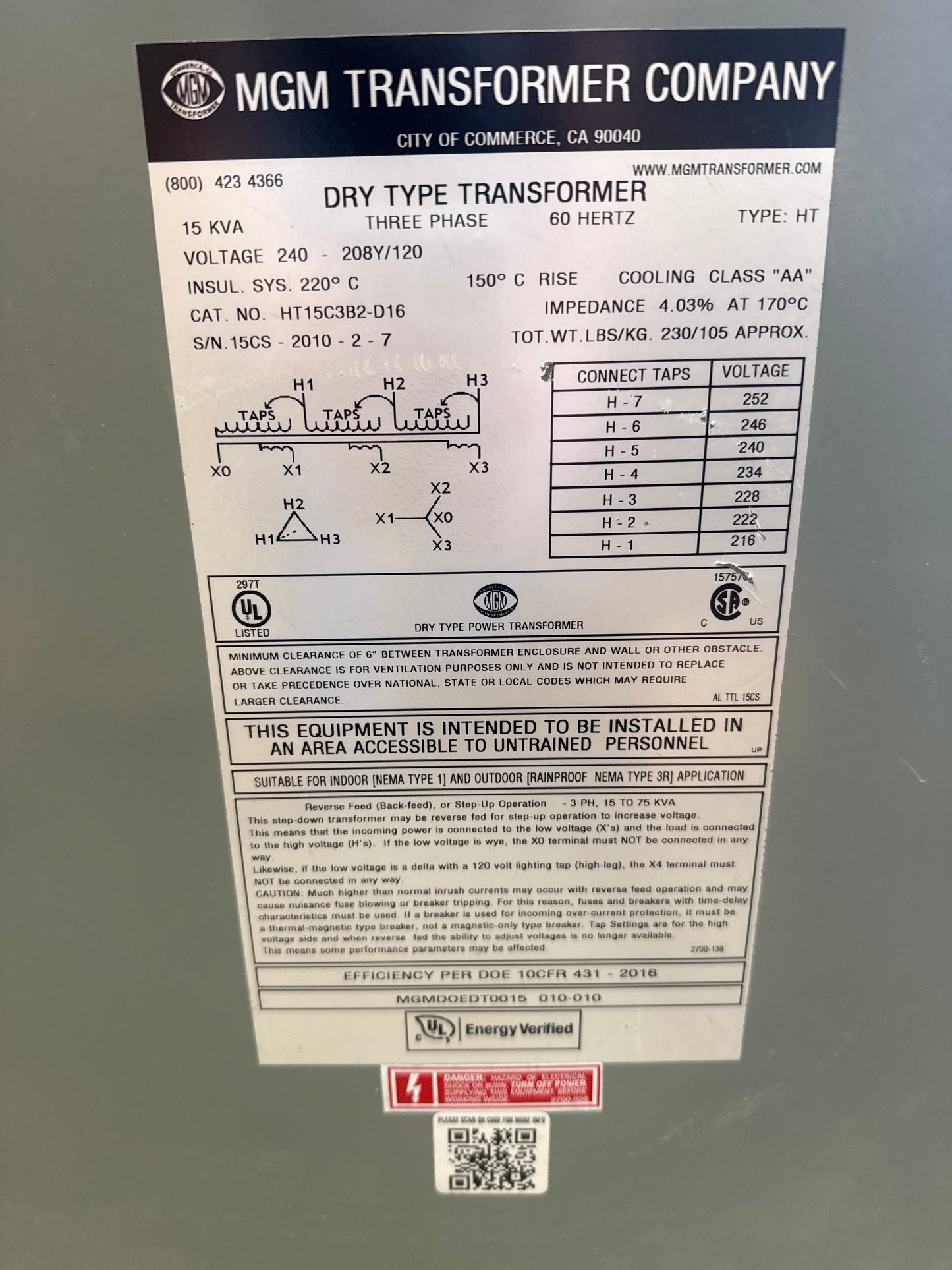 15 KVA Transformer, Primary 240, Seconday 208/120 Volts 3 Phase (item#t4)