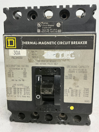 *CHIPPED* Used Square D FAL34030 3 Pole, 30 Amps, 480 Volt