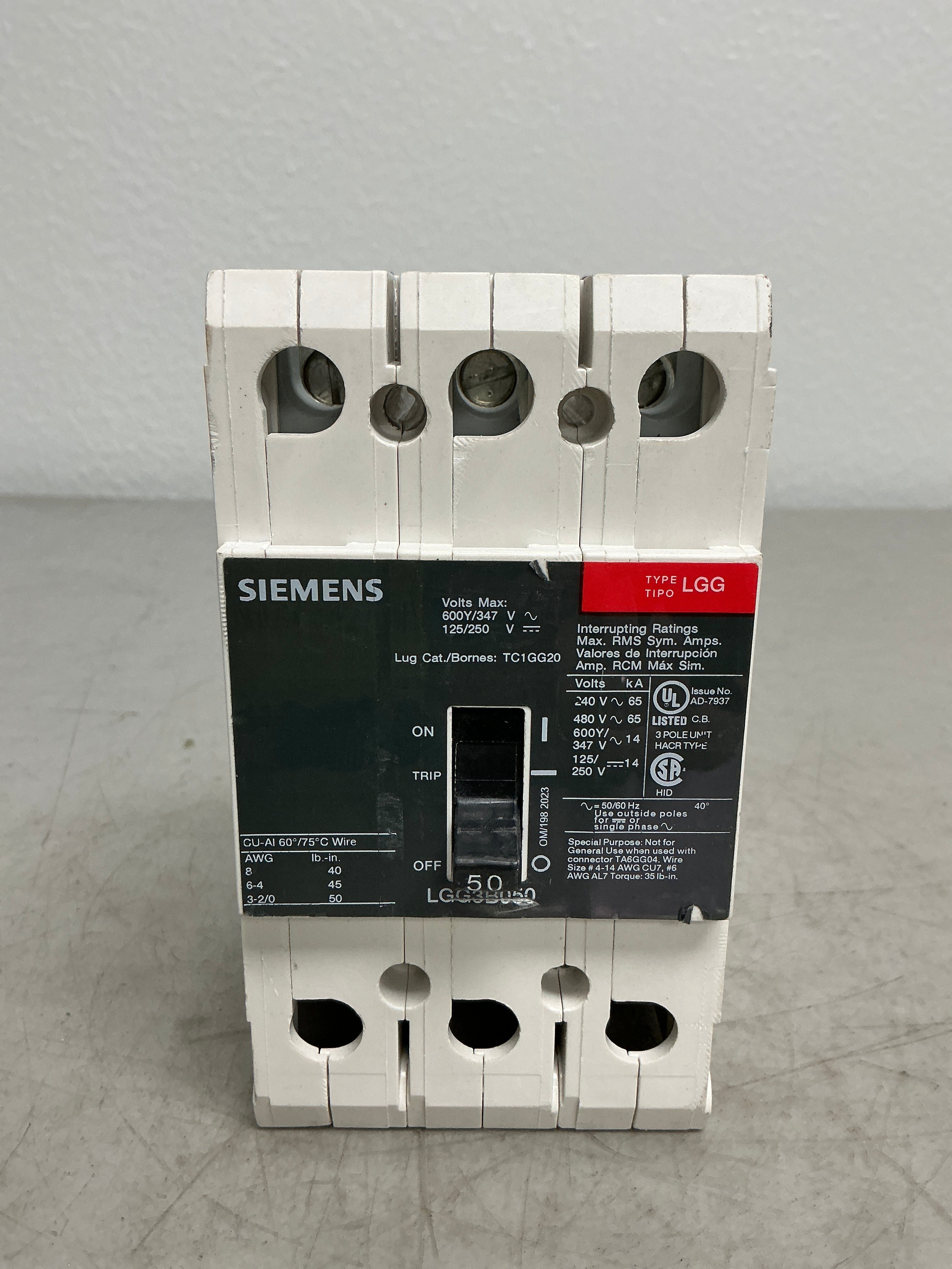 New Siemens LGG3B050 3 Pole, 50 Amps, 480 Volts