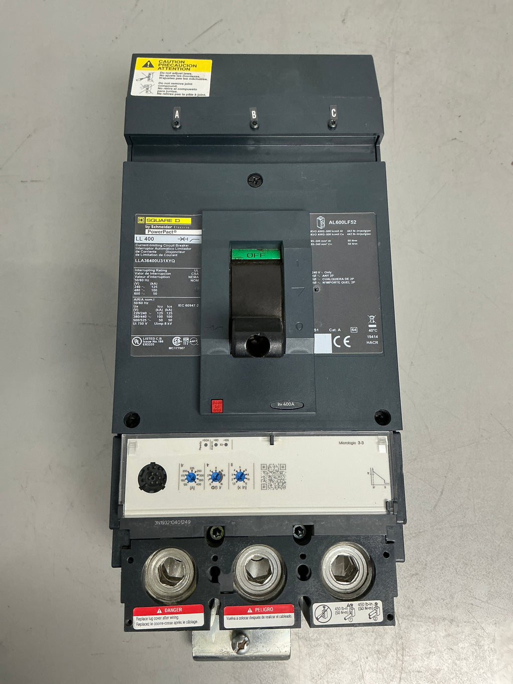 Used Square D LLA36400U31XYQ 3 pole, 400 Amps, 600 Volts LLA36400