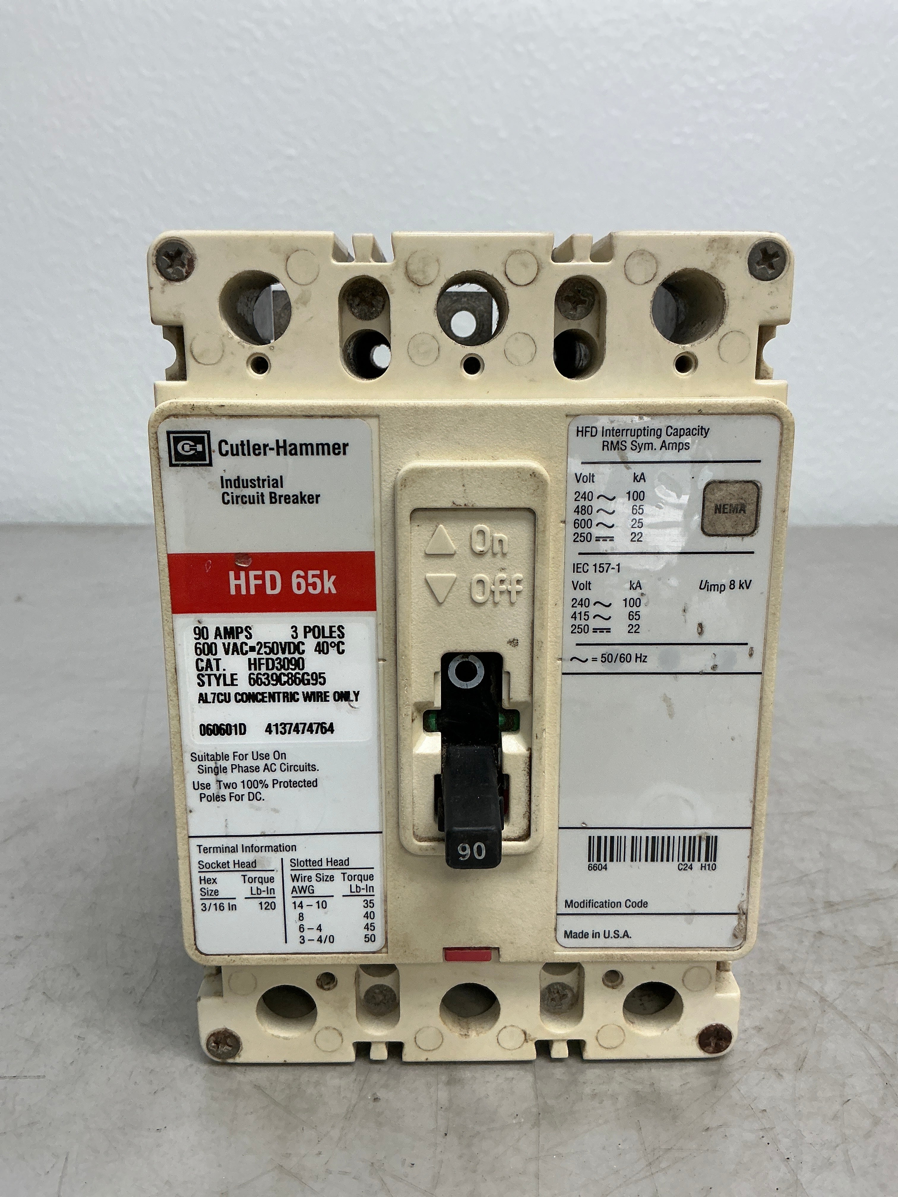 Used HFD3090 3 Pole, 90 Amps, 600 Volts Circuit Breaker
