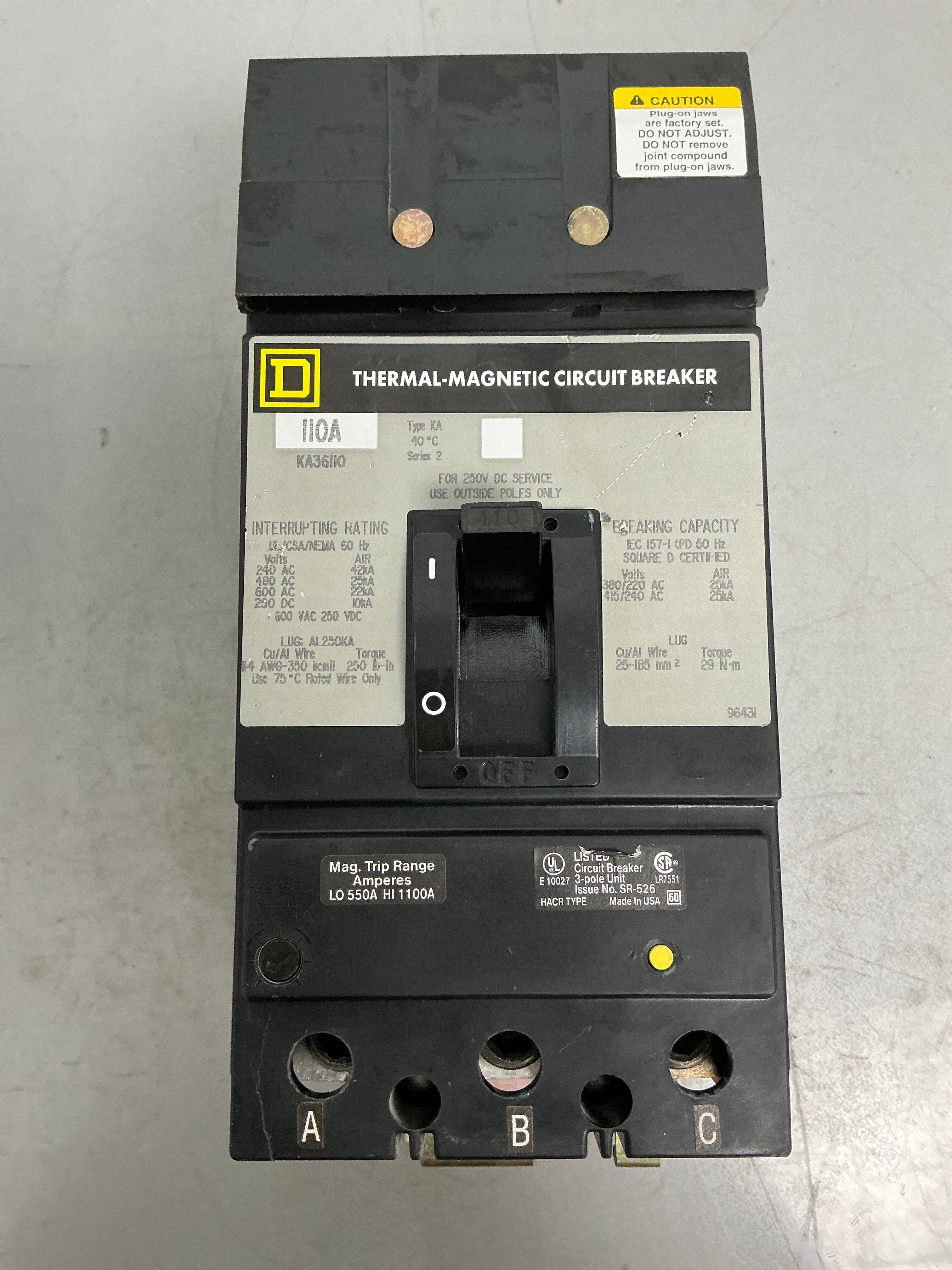 Used Square D KA36110 3 Pole, 110 Amps, 480 Volts Circuit Breaker