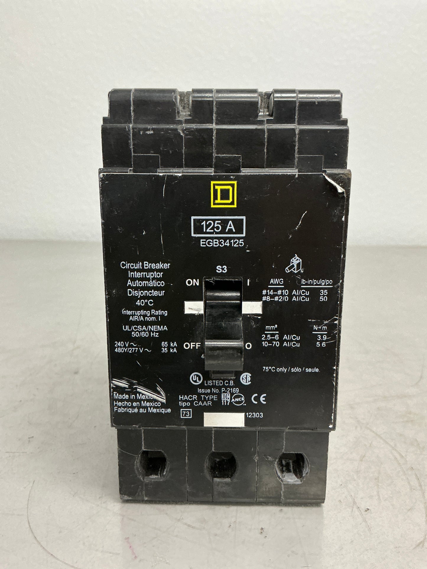 Used Square D EGB34125 3 Pole, 125 Amps, 480 Volts