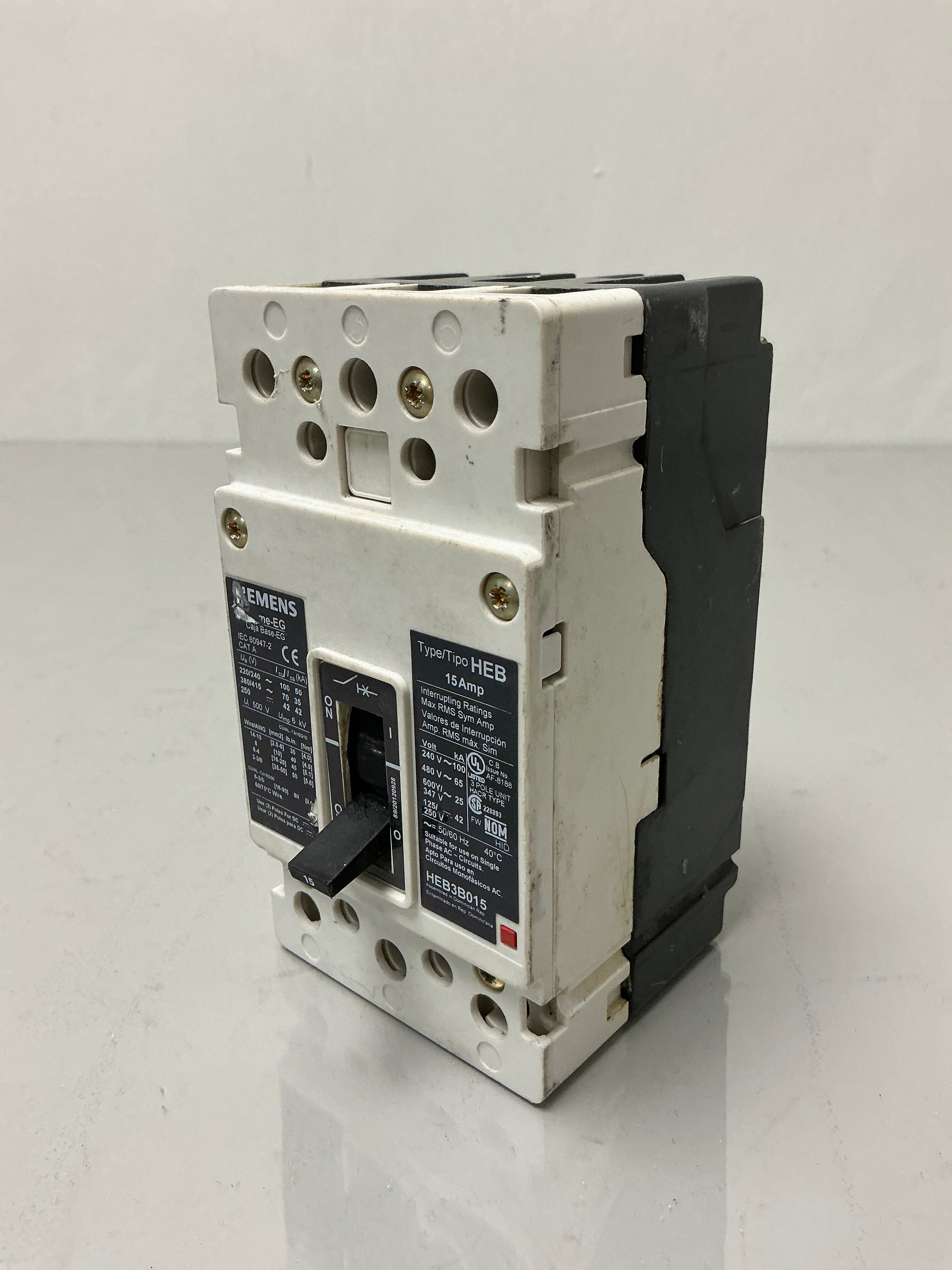 Used Siemens HEB3B015 3 Pole, 15 Amps, 480 Volts Circuit Breaker