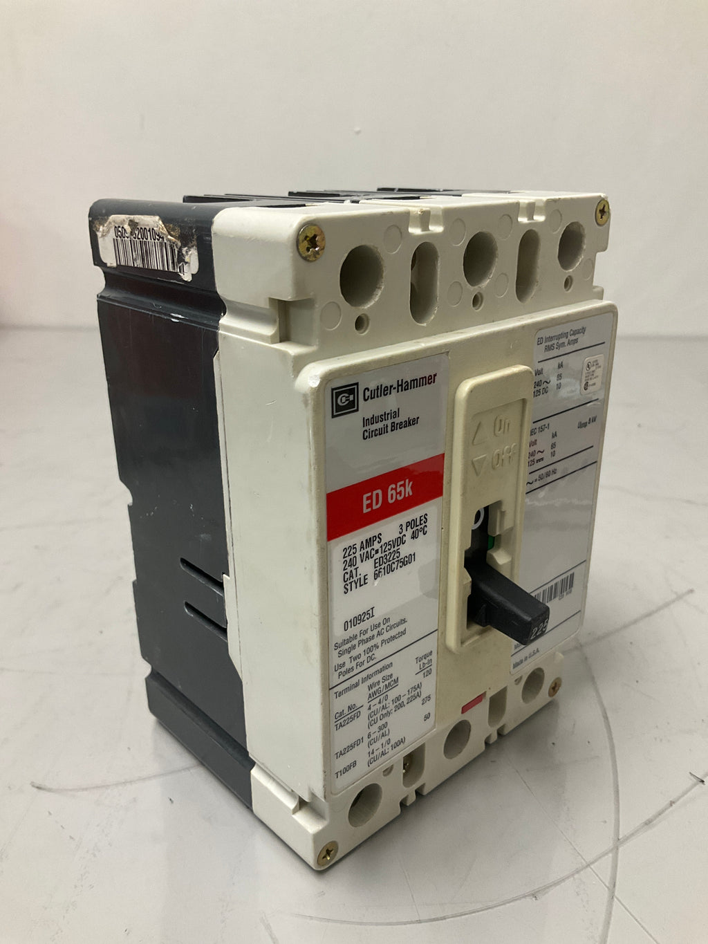 Used Eaton ED3225 3 Pole, 225 Amps, 240 Volts Circuit Breaker