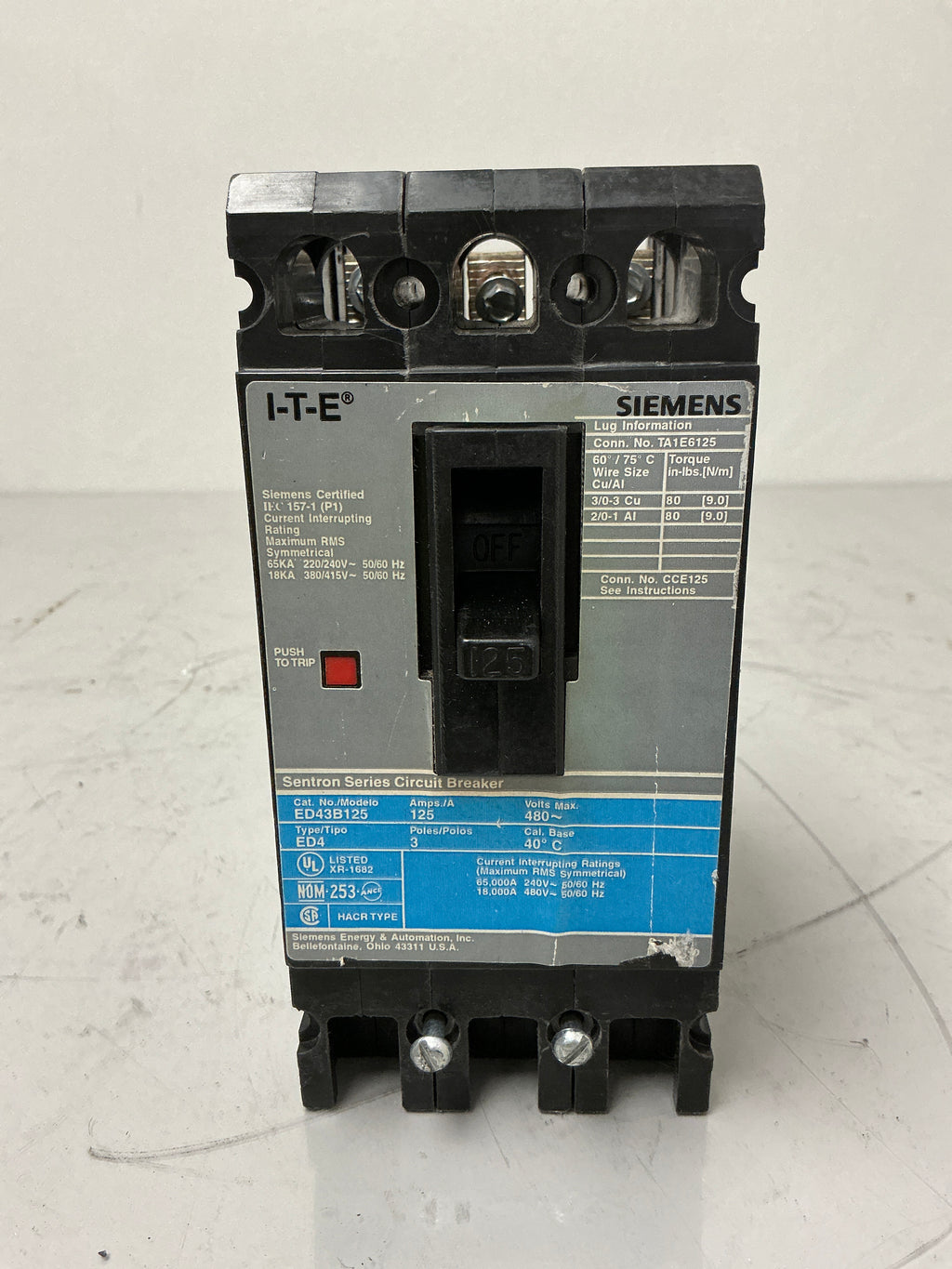 Used Siemens ED43B125 3 Pole, 125 Amps, 480 Volts Circuit Breaker
