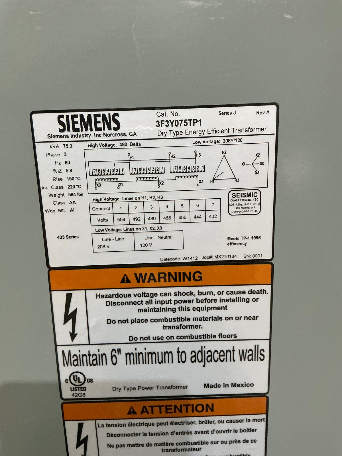 Used Siemens 3F3Y075TP1 75 KVA, 3 PH, 480 Primary 208/120 Secondary Transformer