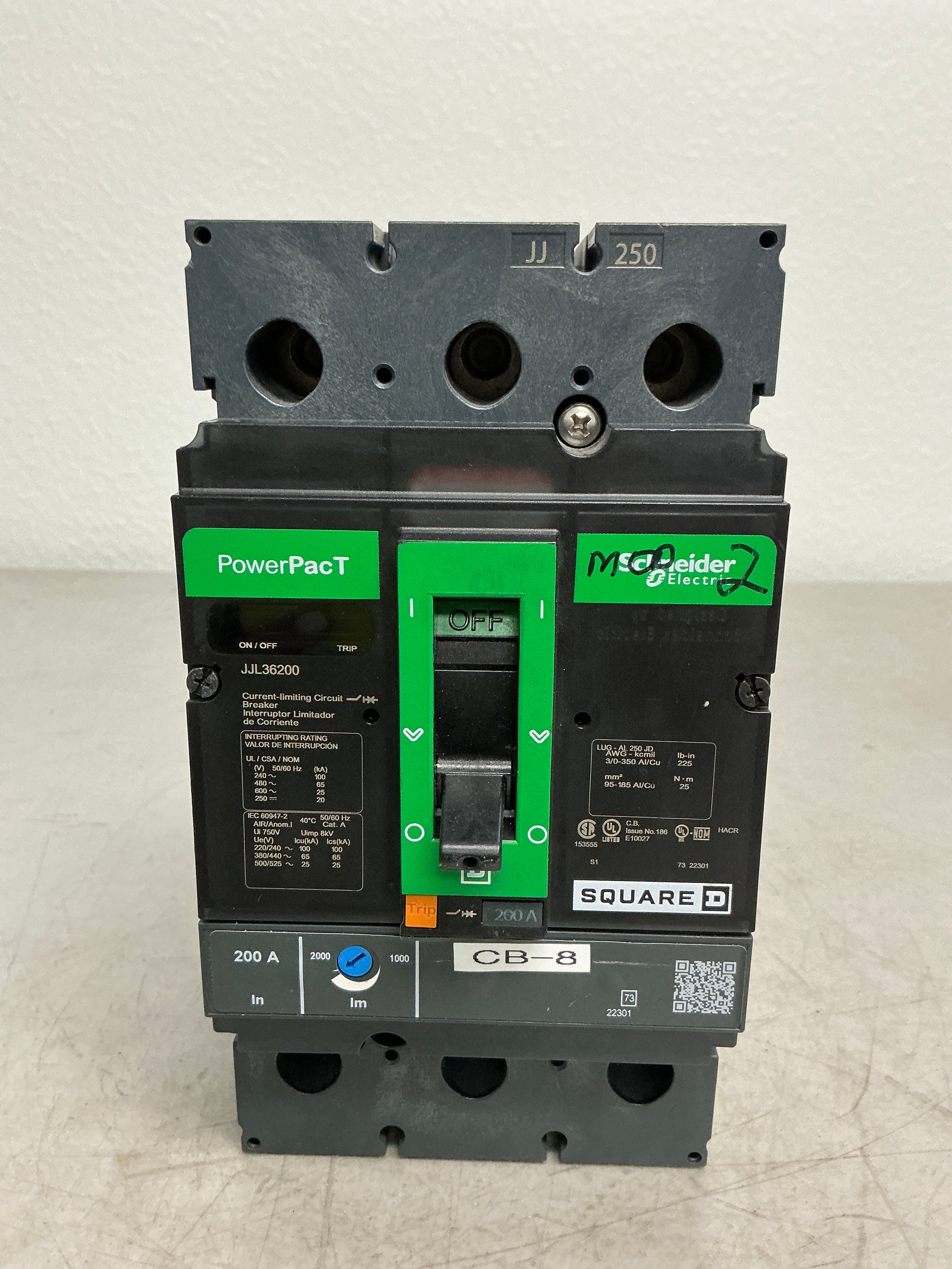 Used Square D JJL36200 3 Pole, 200 Amps, 600 Volts Circuit Breaker