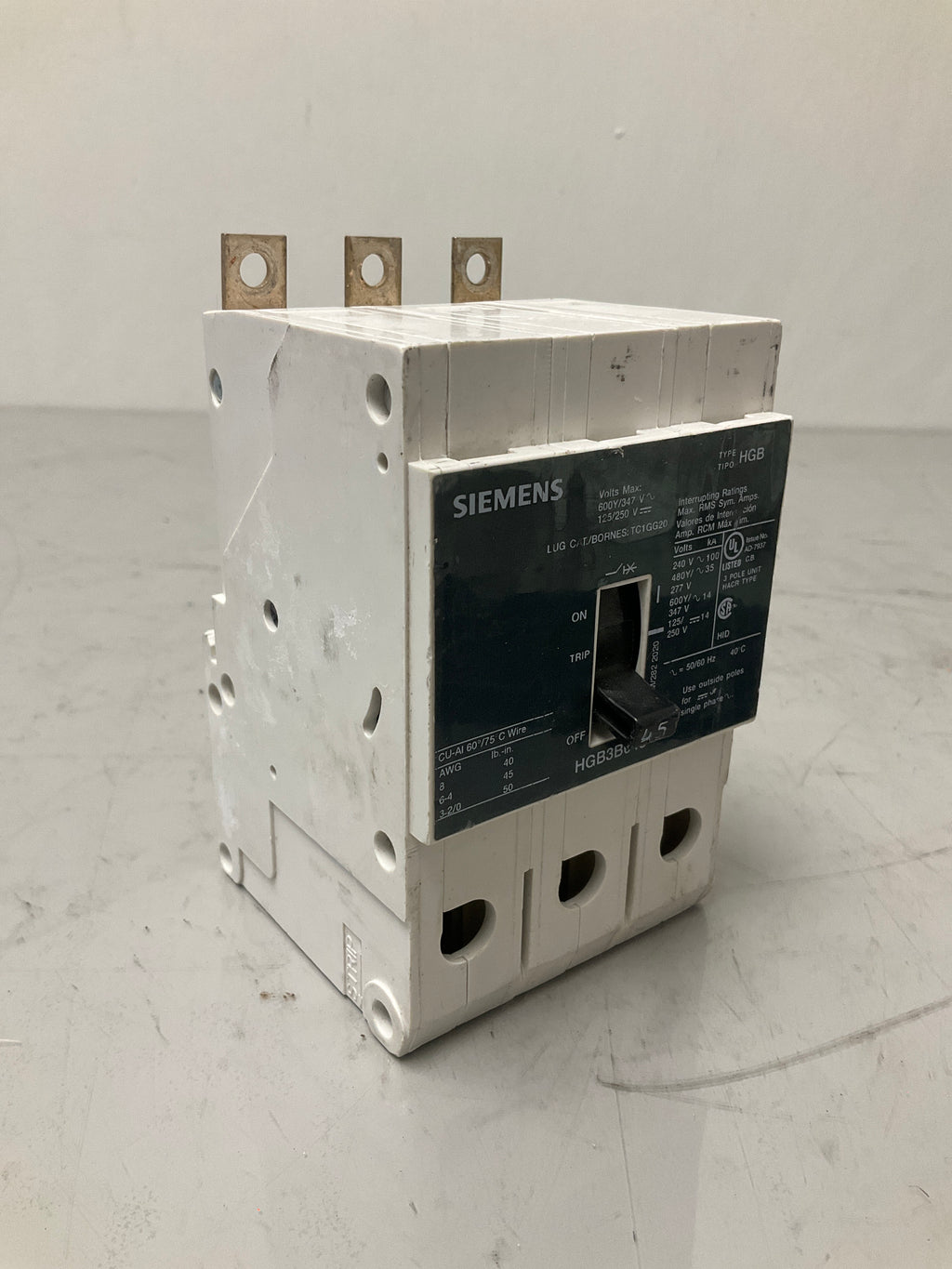 Used Siemens HGB3B045 3 Pole, 45 Amps, 480 Volts Circuit Breaker