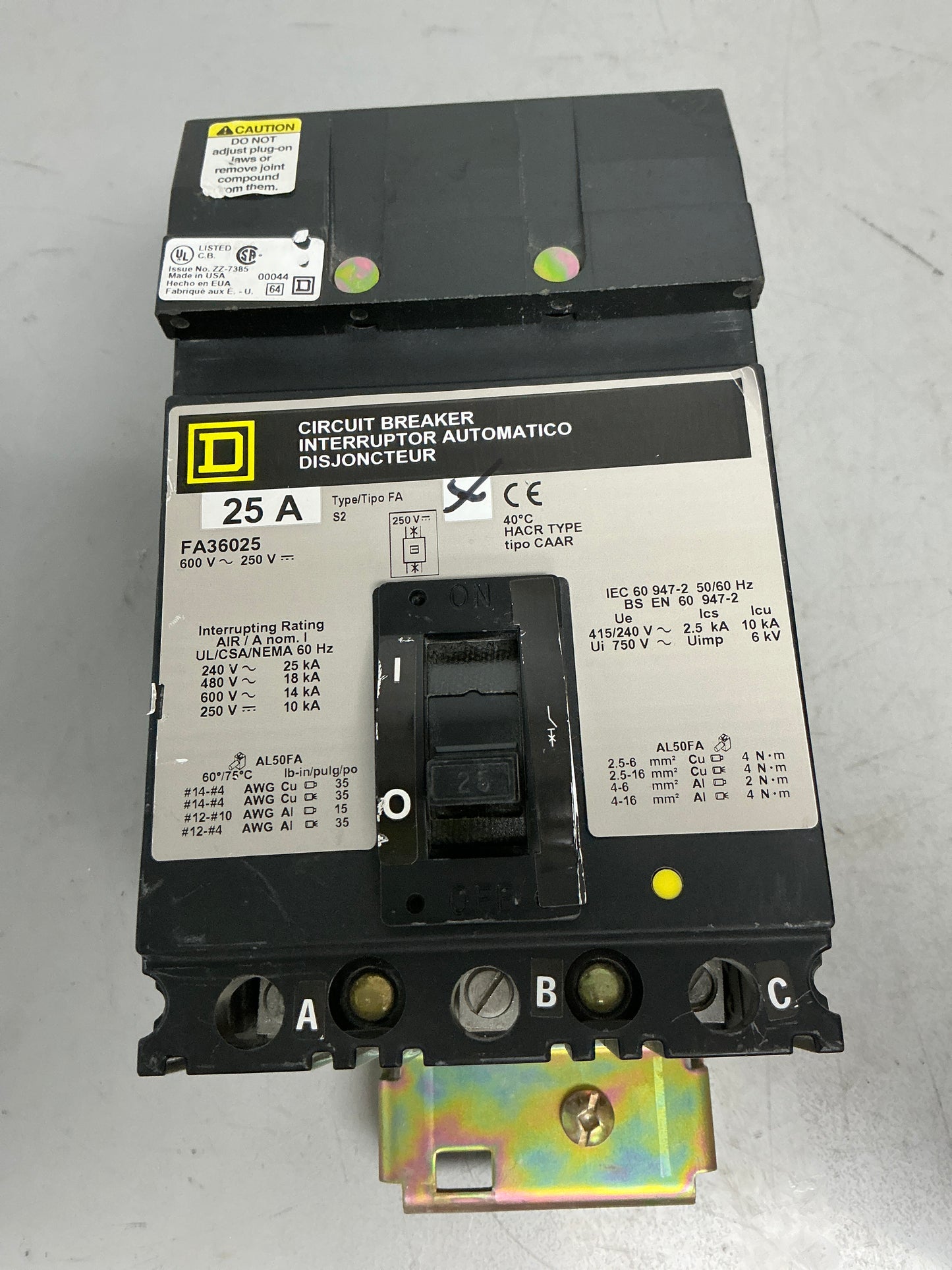 Used Square D FA36025 3 Pole, 25 Amps, 600 Volts