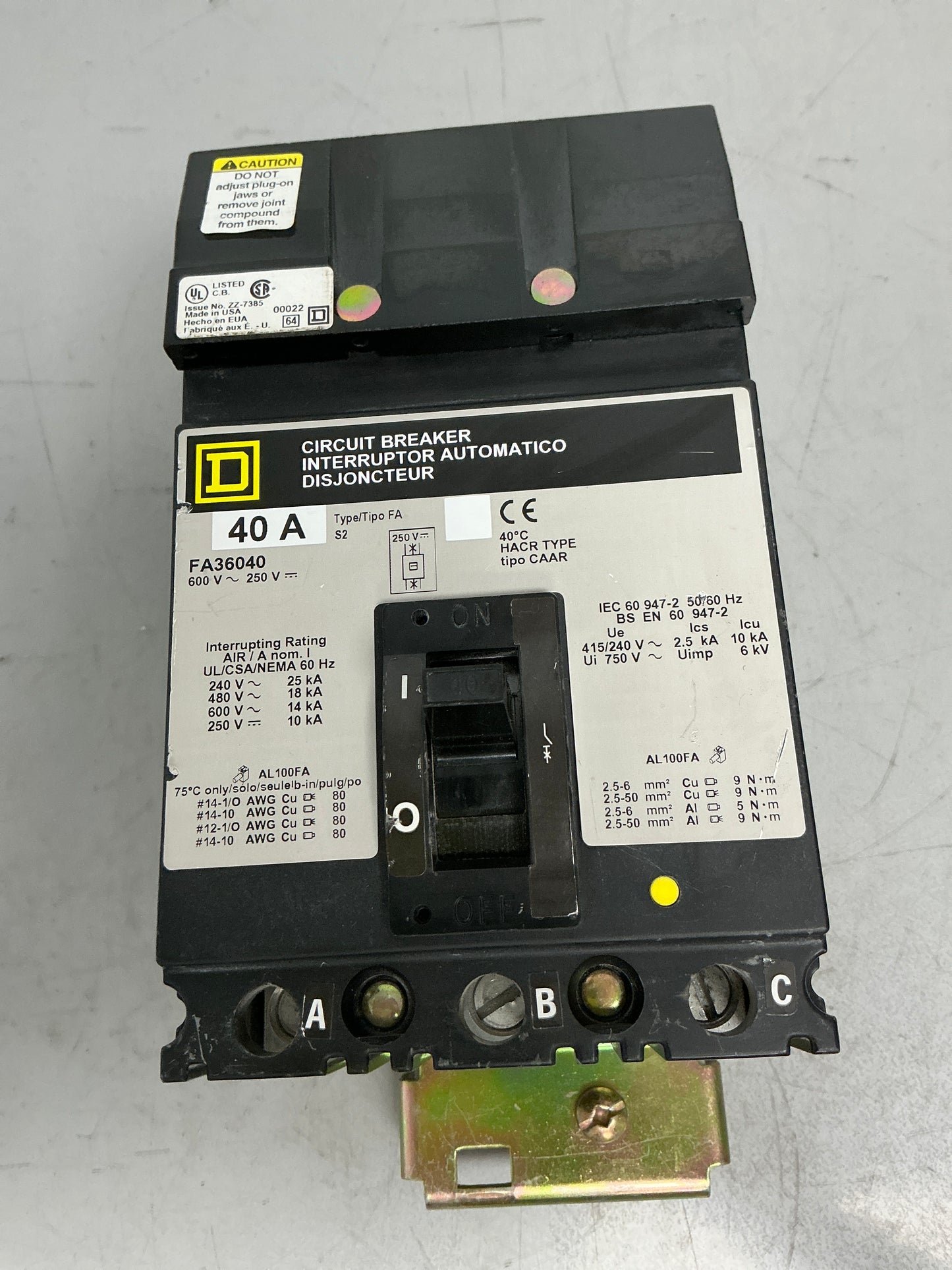 Used Square D FA36040 3 Pole, 40 Amps, 600 Volts