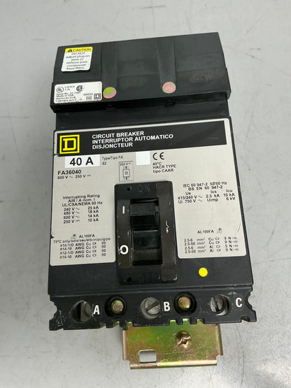 Used Square D FA36040 3 Pole, 40 Amps, 600 Volts