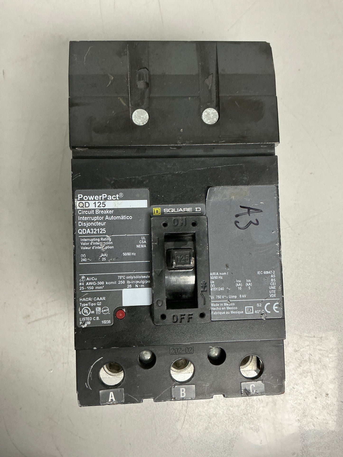 Used Square D QDA32125 3 Pole, 125 Amps
