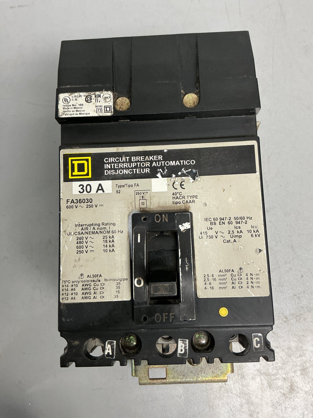Used Square D FA36030 3 Pole, 30 Amps, 600 Volts