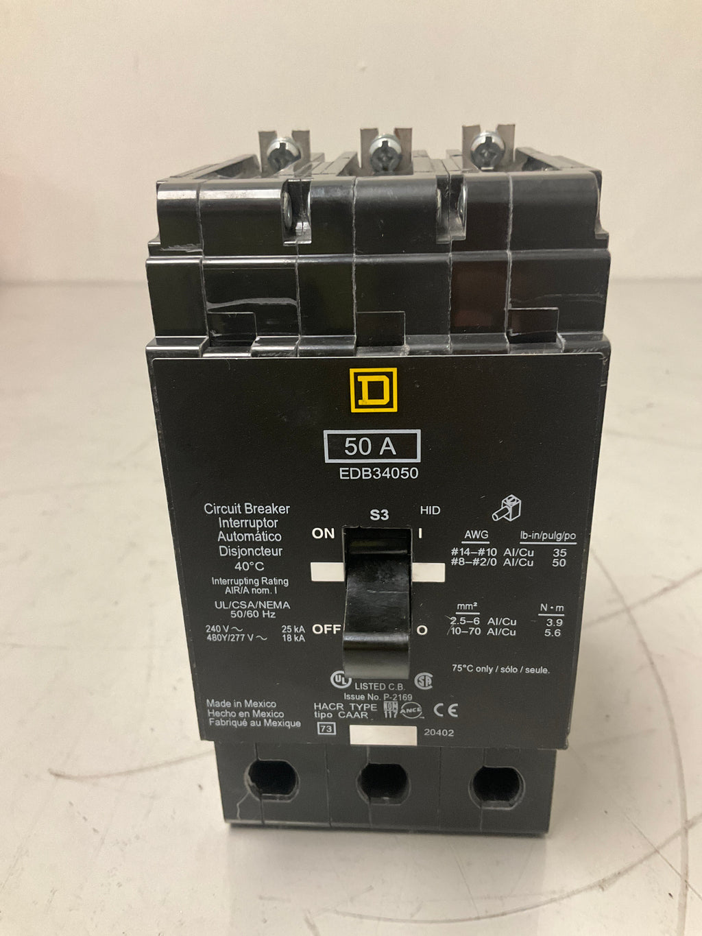 New Square D EDB34050 3 Pole, 50 Amps, 480 Volts Circuit Breaker