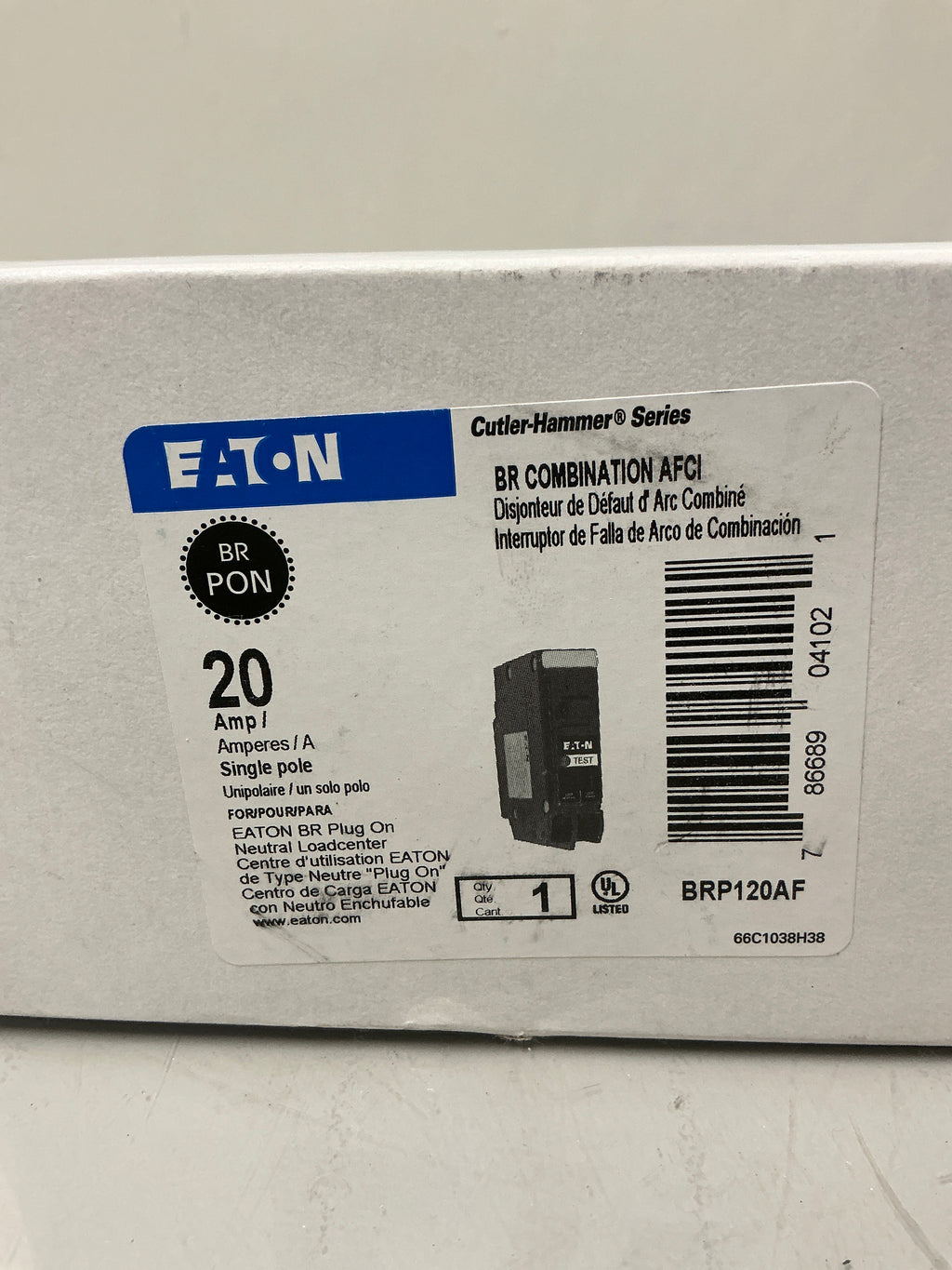 New Eaton BRP120AF 1 Pole, 20 Amps, 120 Volts Circuit Breaker