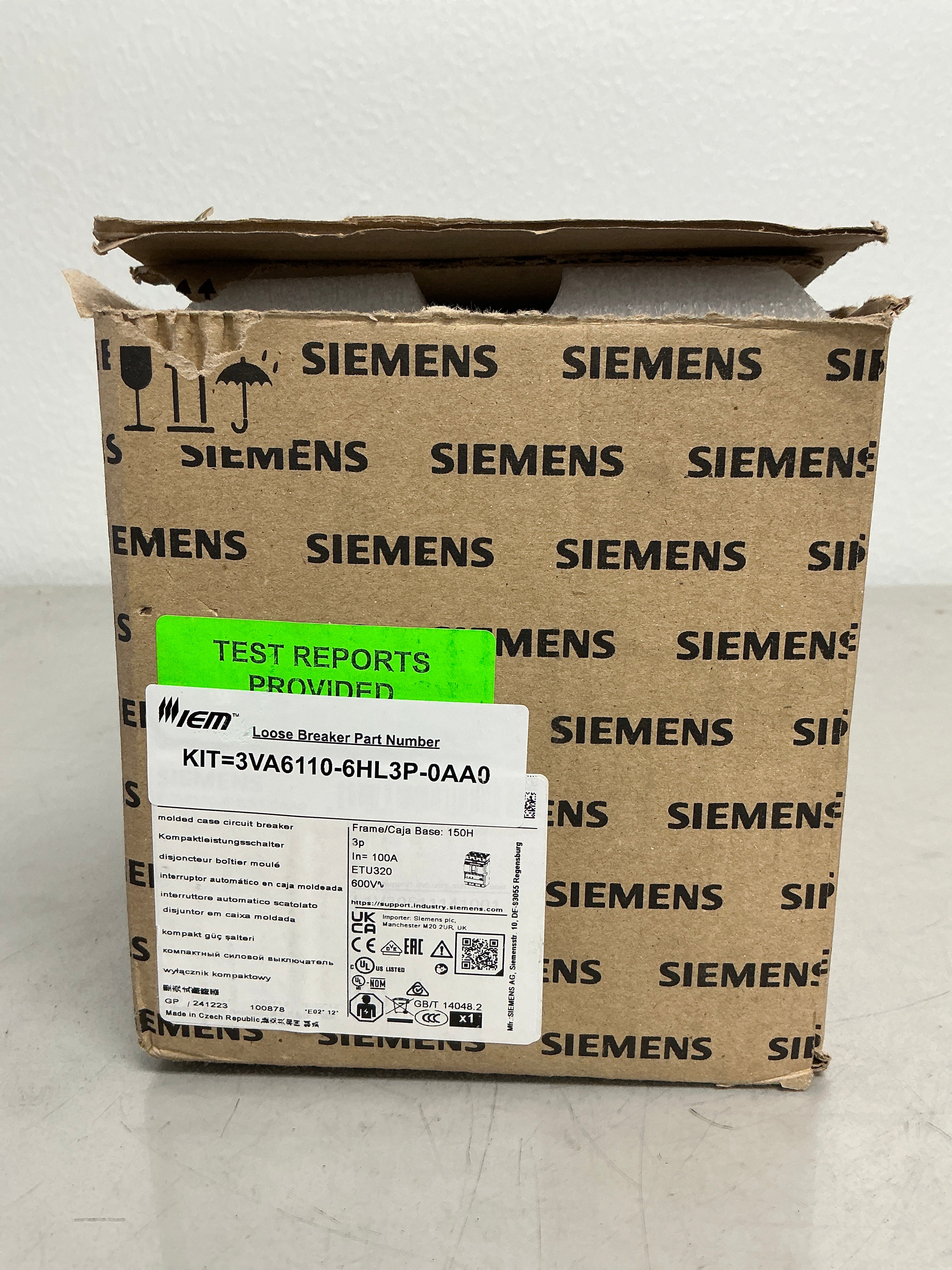 New Siemens 3VA6110-6HL3P-0AA0 3 Pole, 100 Amps
