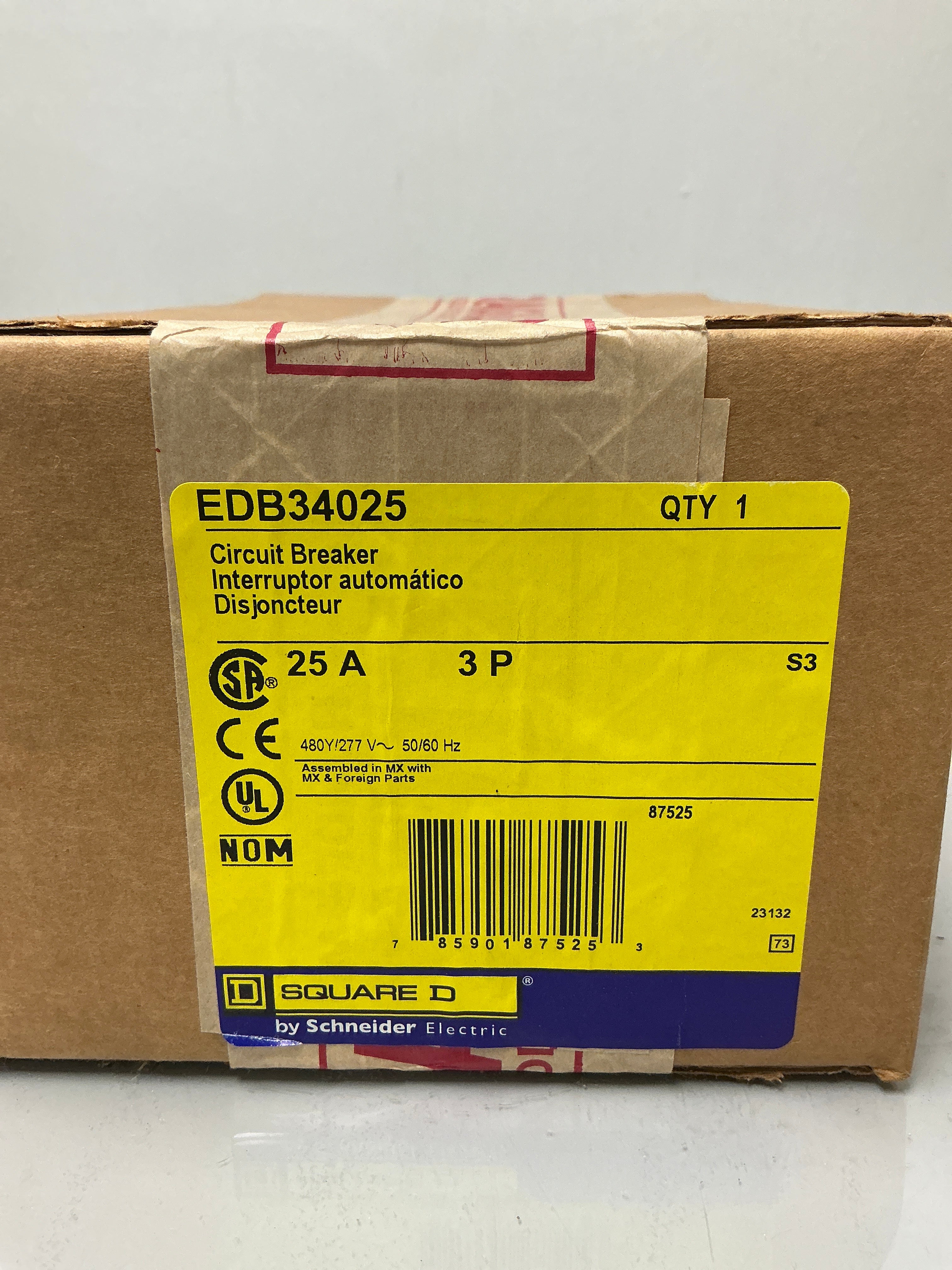New Square D EDB34025 3 Pole, 25 Amps, 480 Volts Circuit Breaker