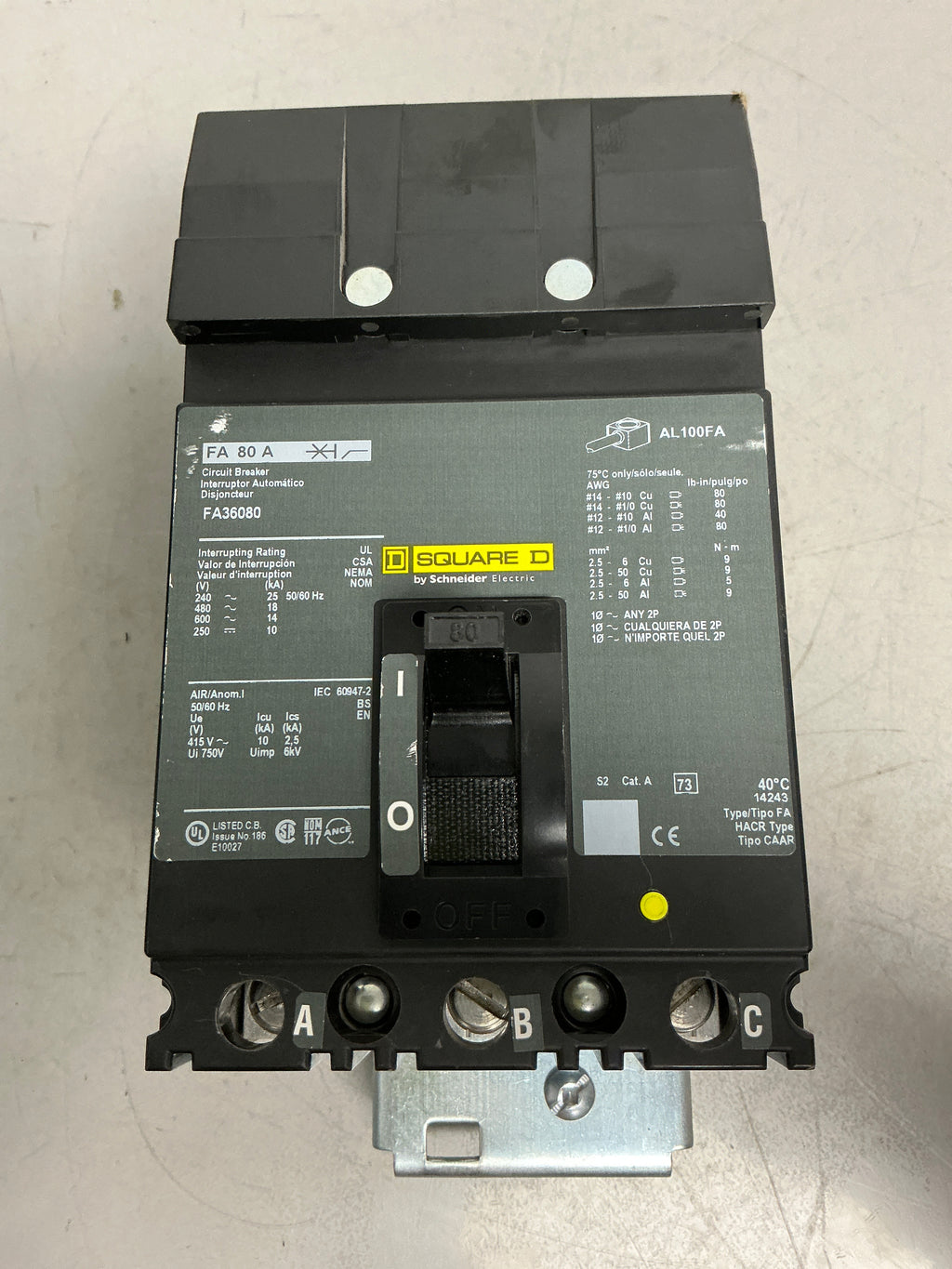 Used Square D FA36080 3 Pole, 80 Amps, 600 Volts