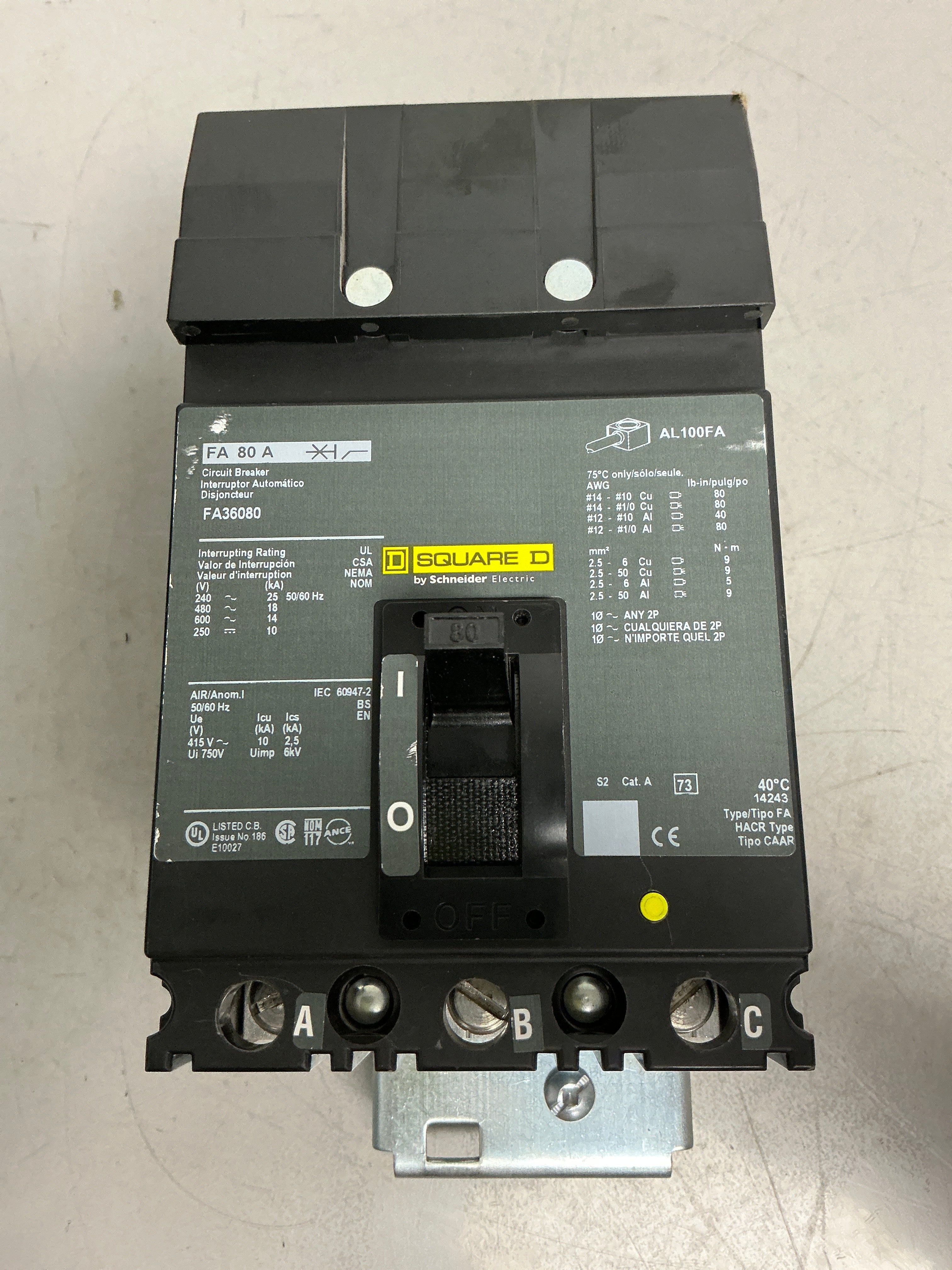 Used Square D FA36080 3 Pole, 80 Amps, 600 Volts