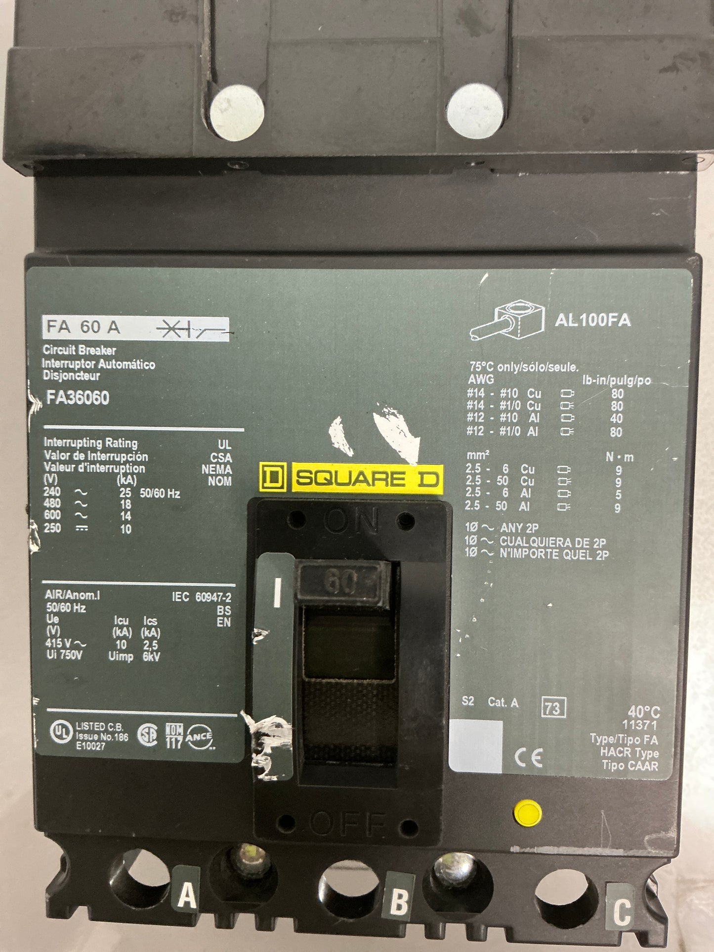 Used Square D FA36060 3 Pole, 60 Amps, 600 Volt