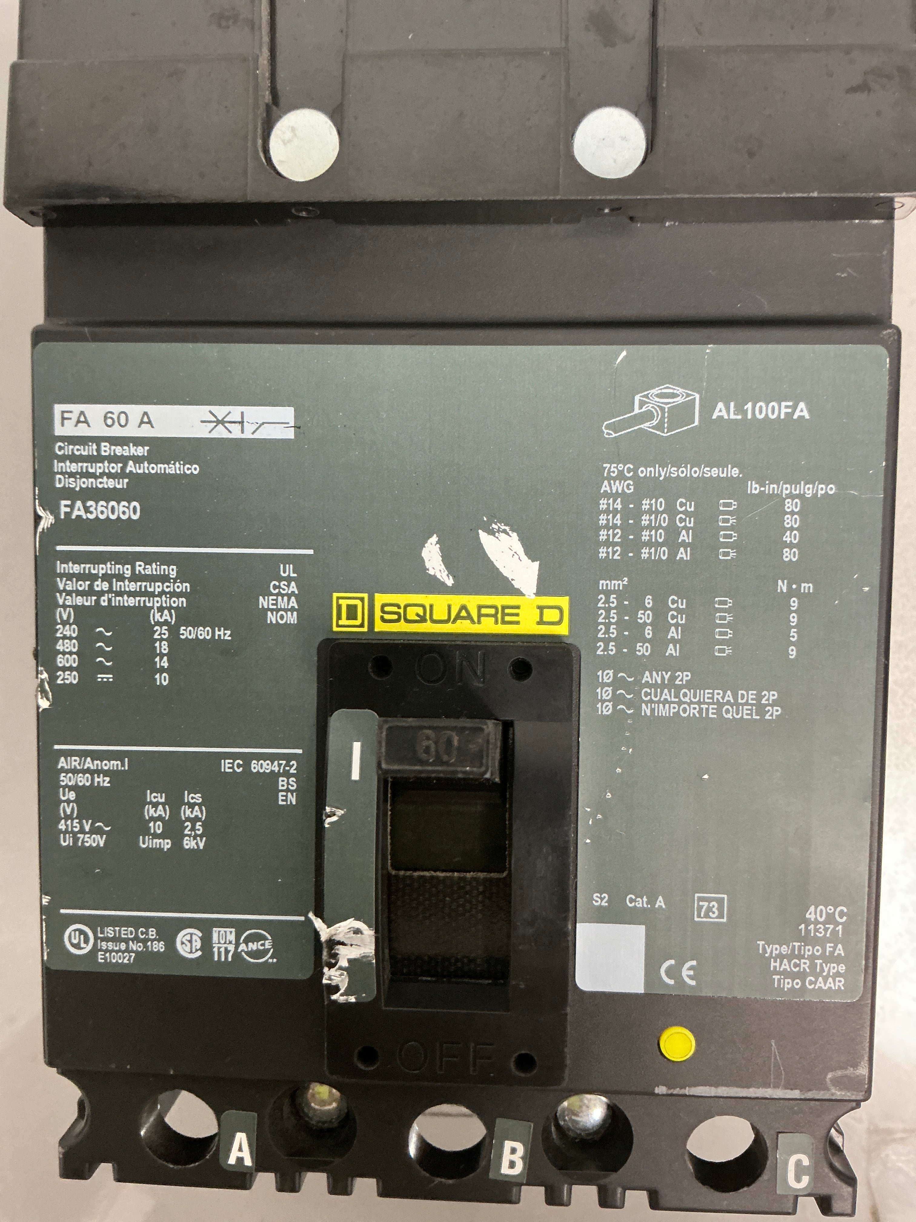 Used Square D FA36060 3 Pole, 60 Amps, 600 Volt