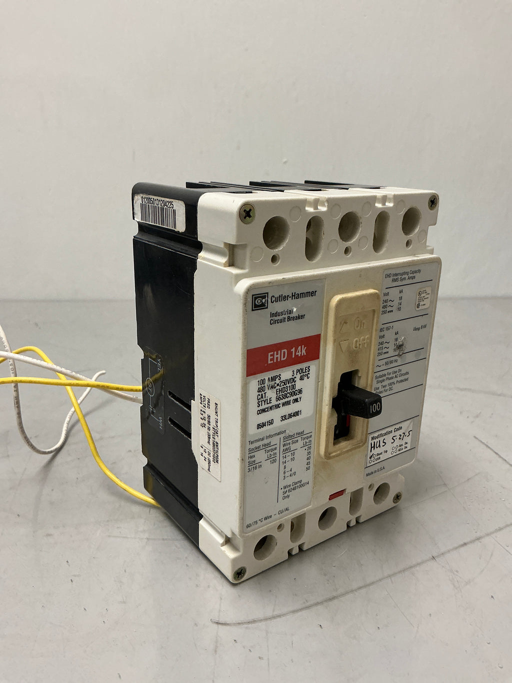 Used Cutler-Hammer EHD3100 whit Shunt trip 3 Pole, 100 Amps, 480 Volts, Circuit Breaker