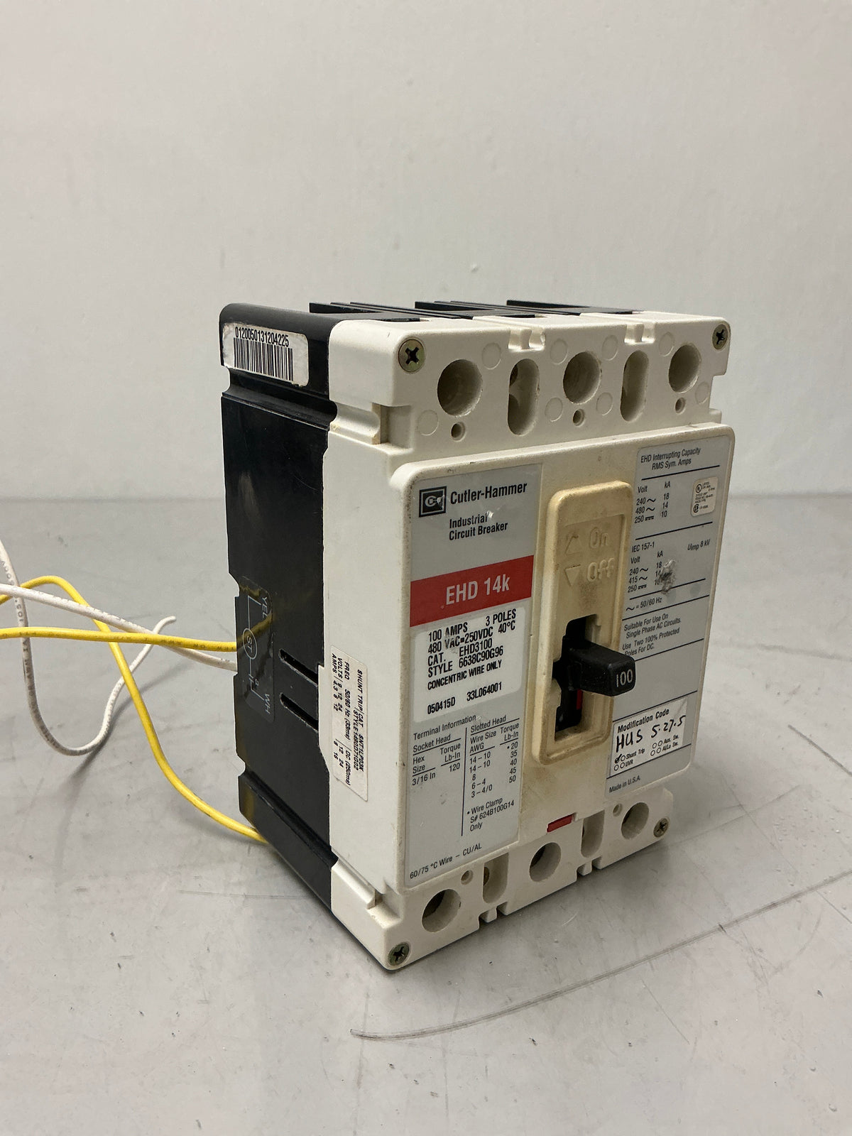Used Cutler-Hammer EHD3100 whit Shunt trip 3 Pole, 100 Amps, 480 Volts, Circuit Breaker
