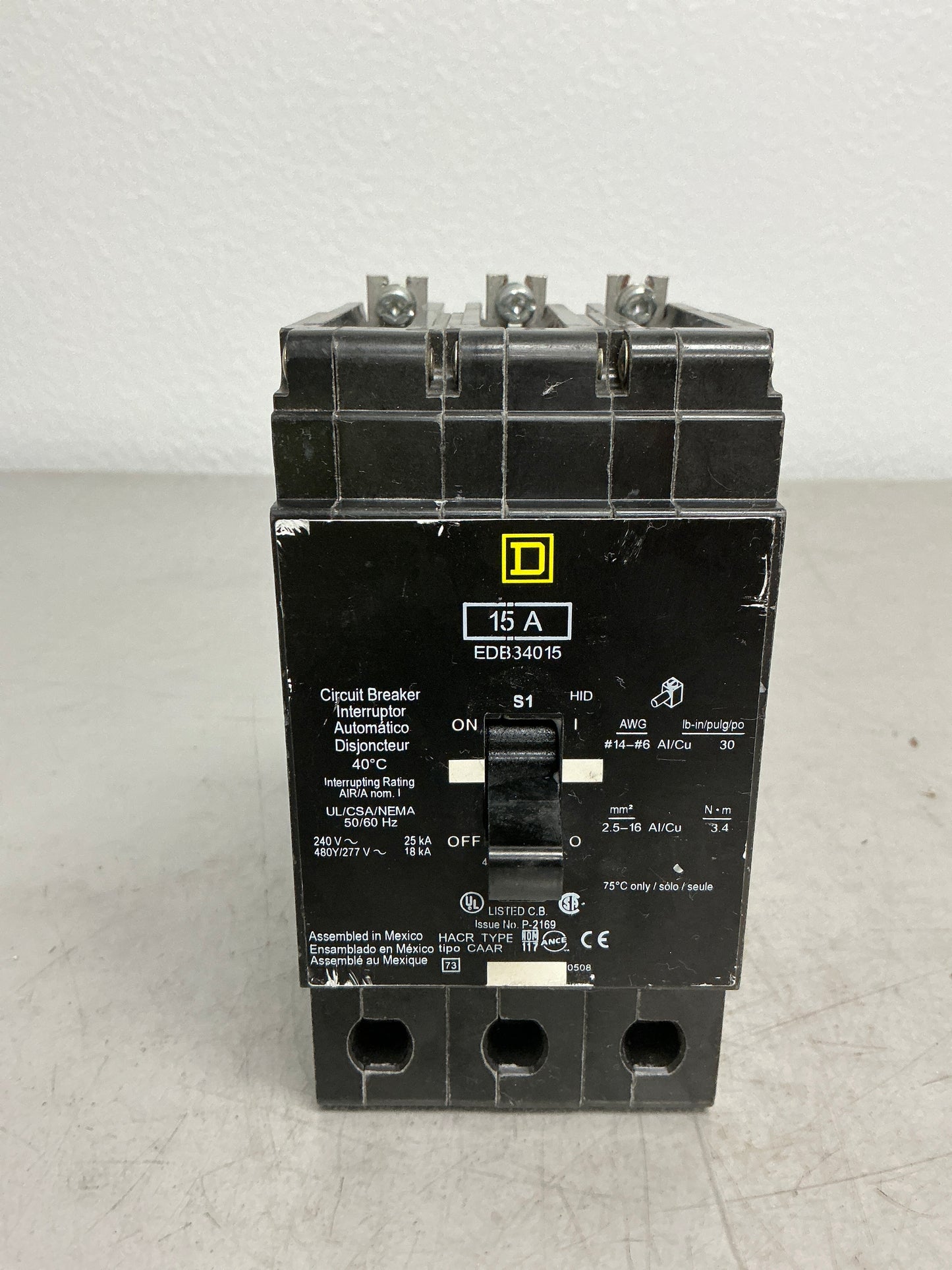 Used Square D EDB34015 3 Pole, 15 Amps, 480 Volts