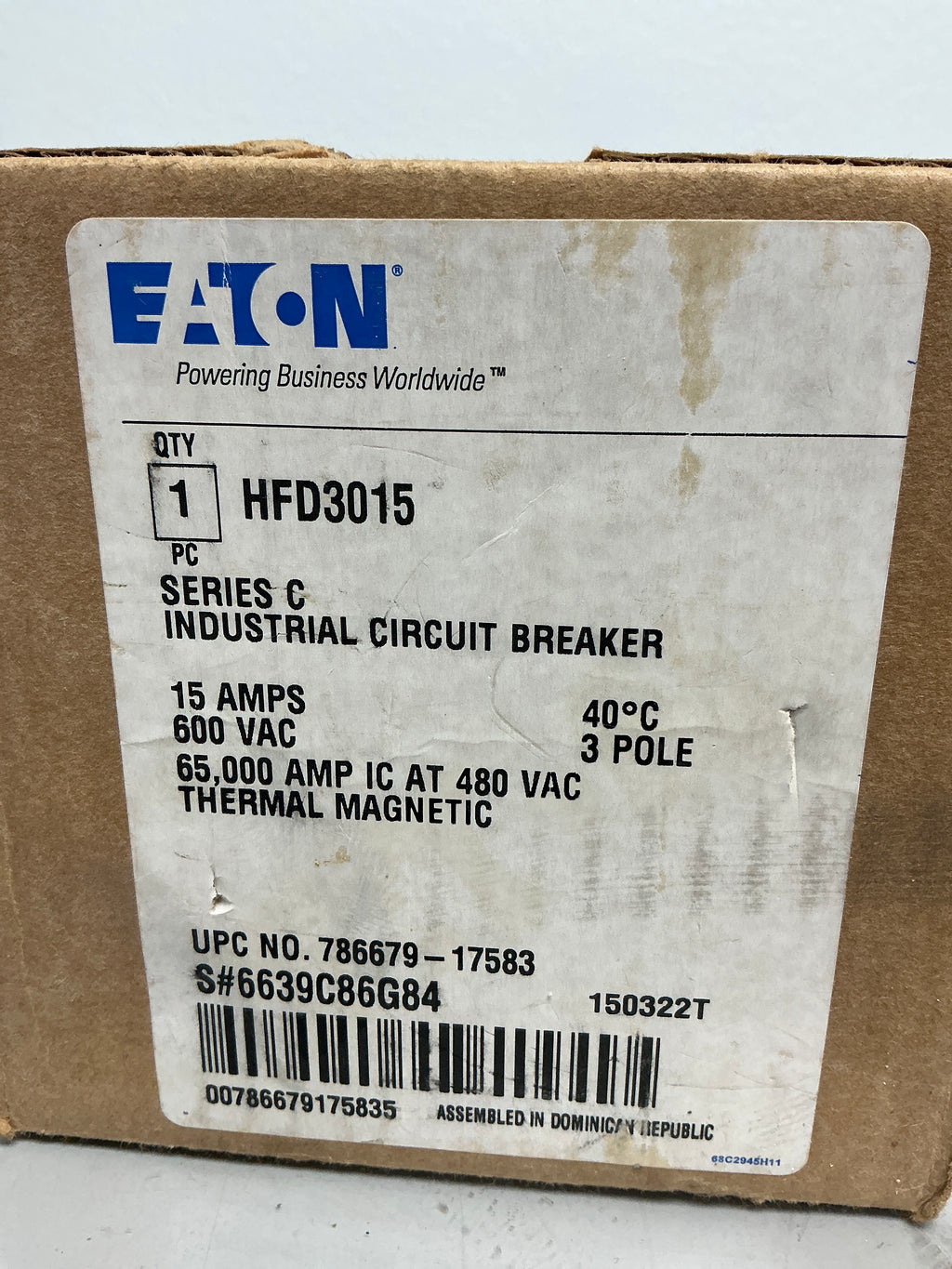New Eaton HFD3015 3 Poles, 15 Amps, 600 Volts