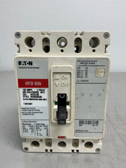 Used Eaton HFD3100 3 Poles, 100 Amps, 600 Volts