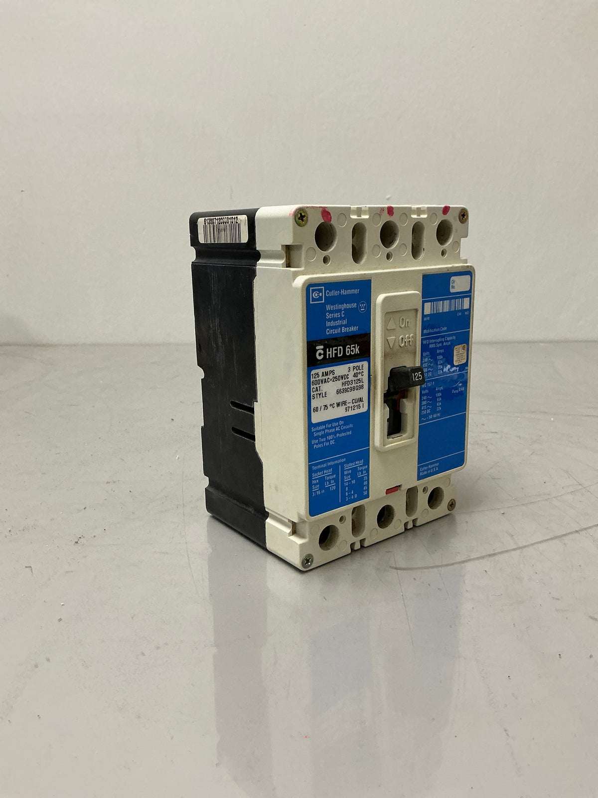 Used Cutler-Hammer HFD3125L 3 Pole, 125 Amps, Circuit Breaker