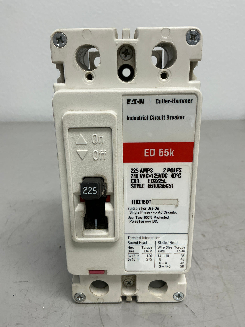 Used Eaton ED2225L 2 Poles, 225 Amps, 240 Volts
