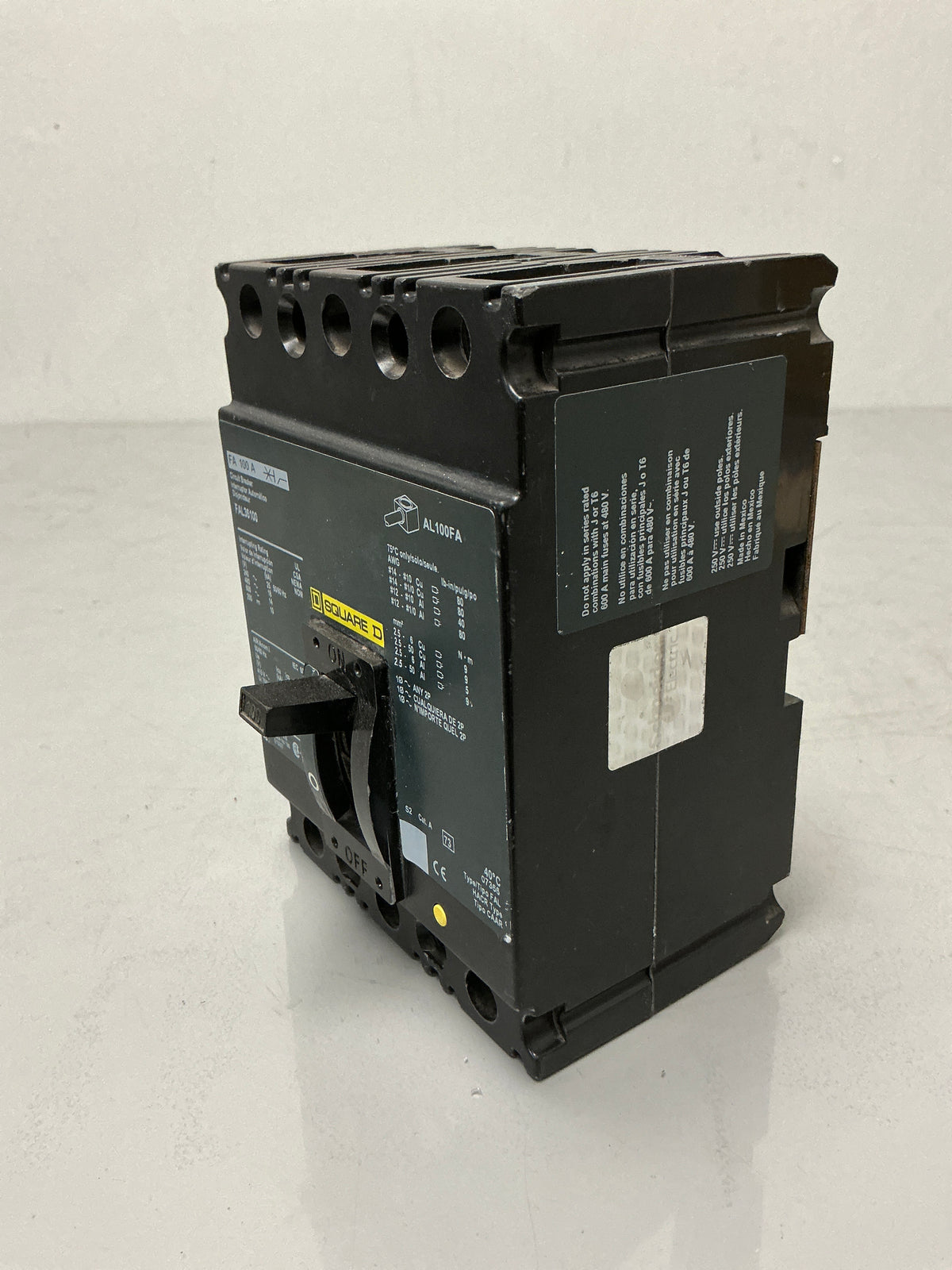 Used Square D FAL36100, 3 Pole, 100 Amps, 600 Volts Circuit Breaker