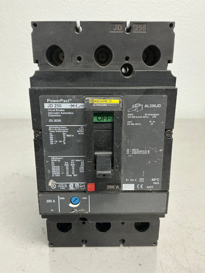 Used Square D JDL36200 3 Pole, 200 Amps, 600 Volts Circuit Breaker