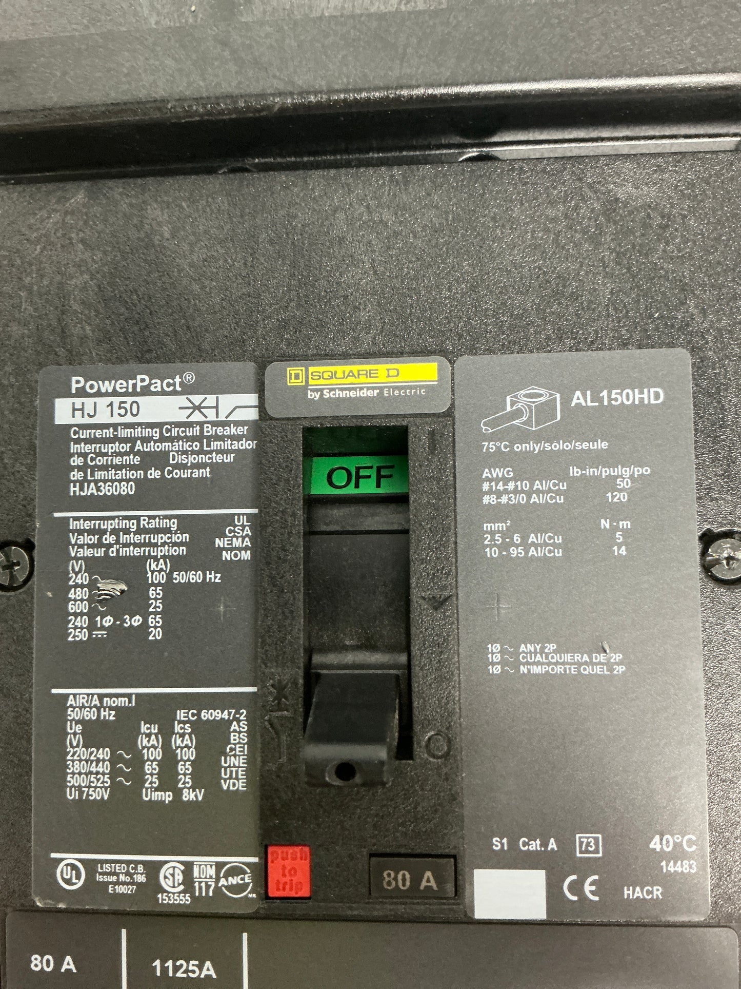Used Square D HJA360803 Pole, 80 Amps, 600 Volts