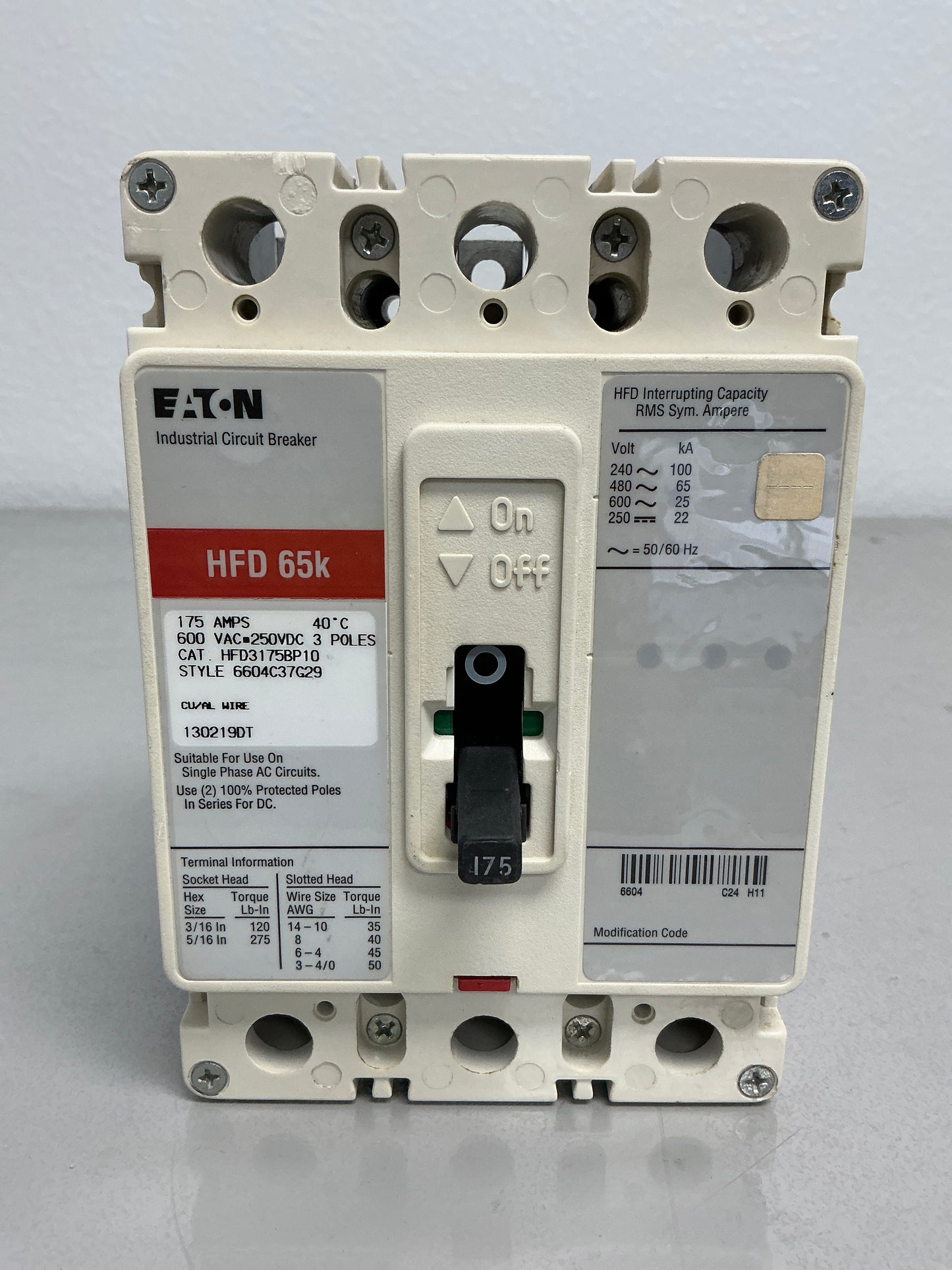 Used HFD3175BP10 175 Amps, 3 Poles, 600 Volts