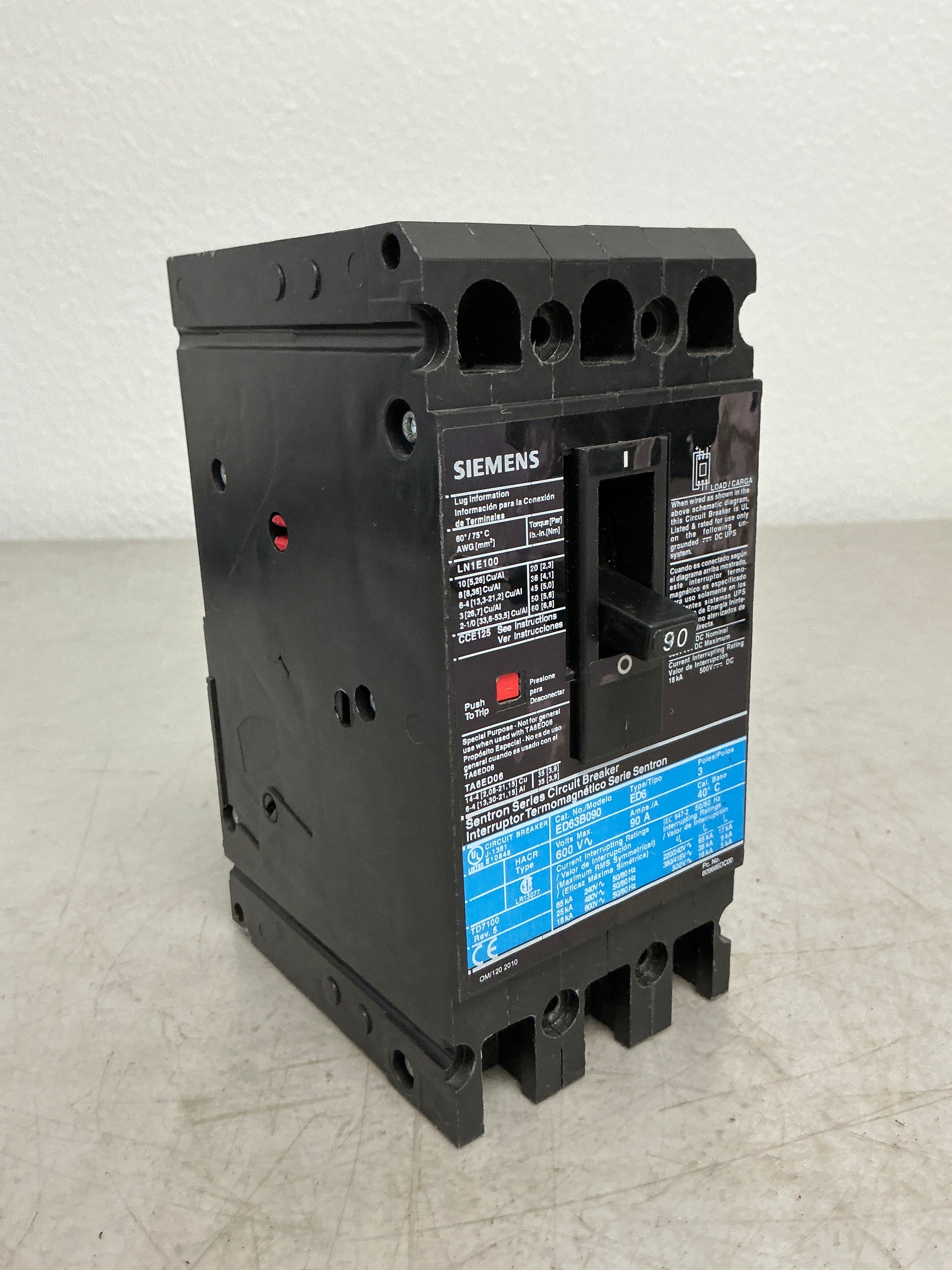 New Siemens ED63B090 3 Pole, 90 Amps, 600 Volts Circuit Breaker