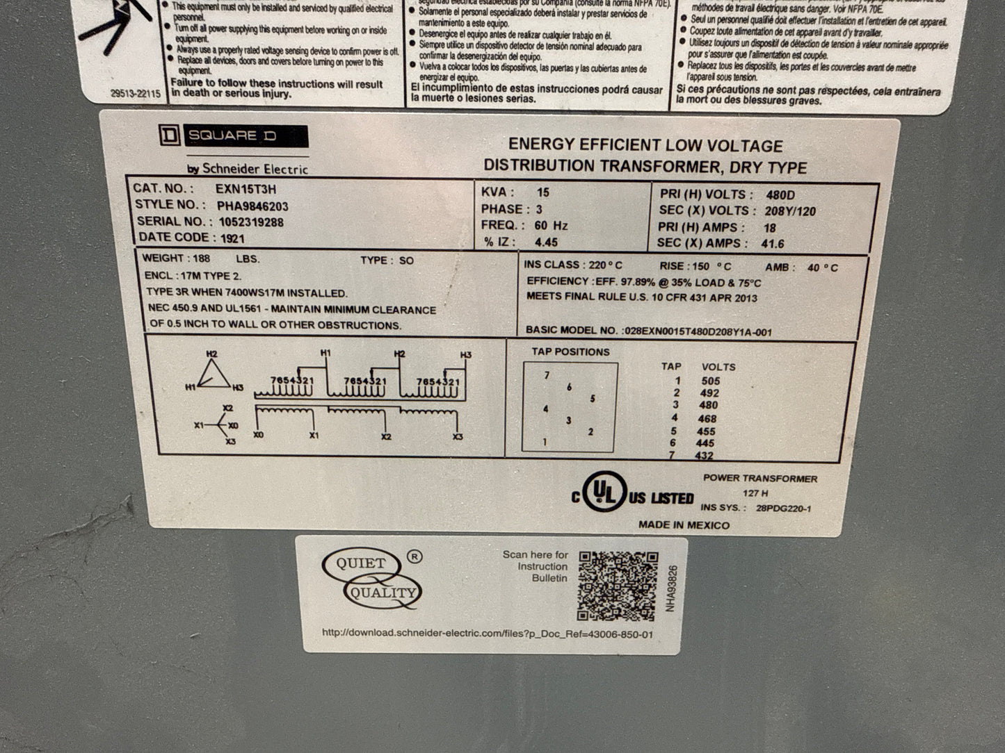 New Square D 15 KVA Transformer, Primary 480, Seconday 208/120 Volts (item#t12)