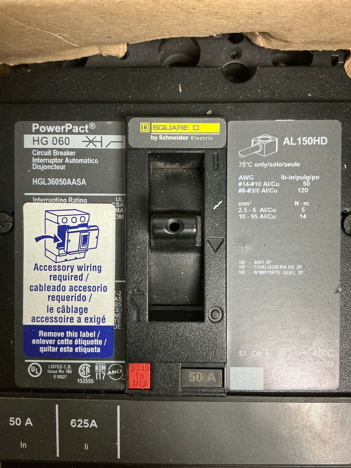 New Square D HGL36050AASA 3 Pole, 50 Amps Circuit Breaker