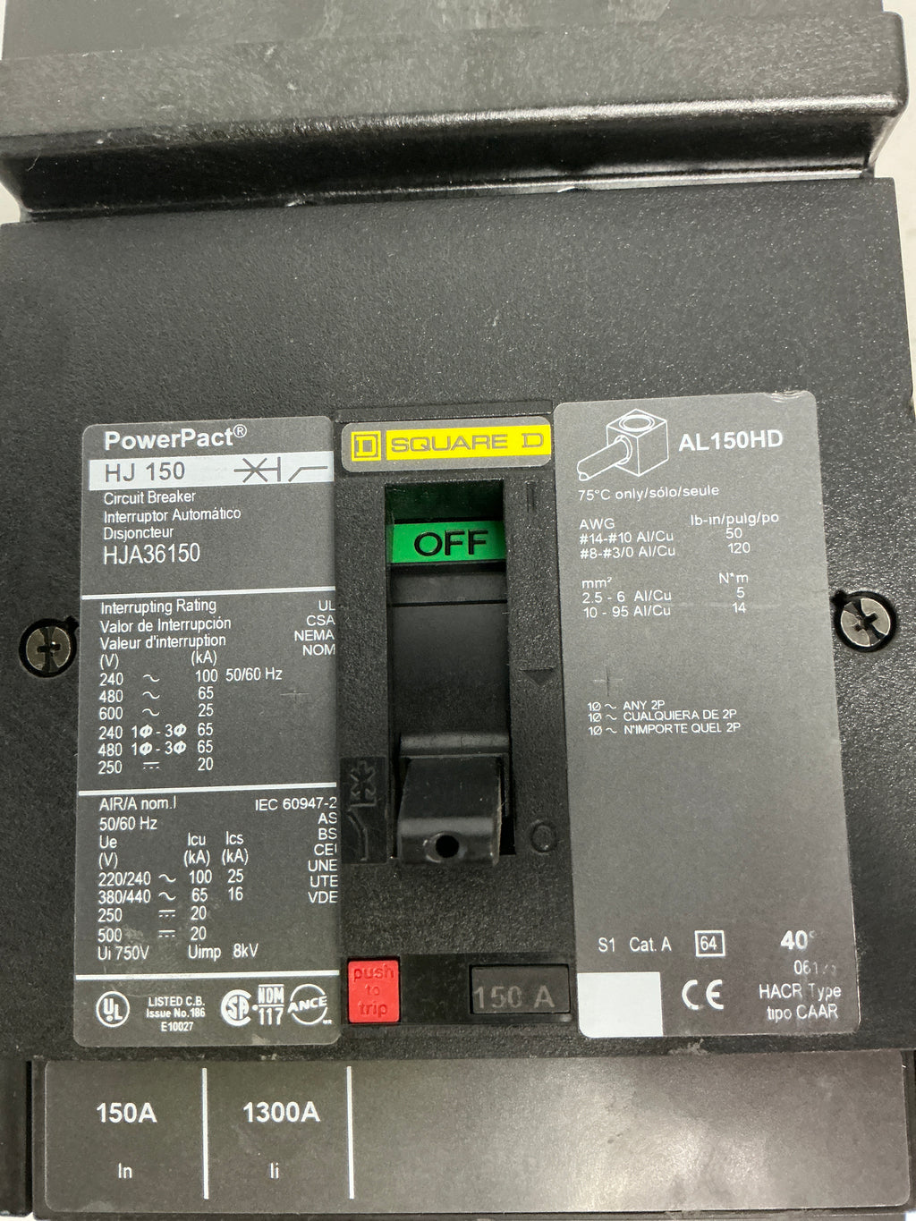 Used Square D HJA36150 3 Pole, 150 Amps, 600 volts