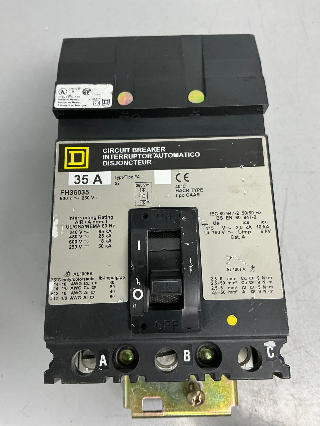 Used Square D FH36035 3 Pole, 35 Amps, 600 Volts